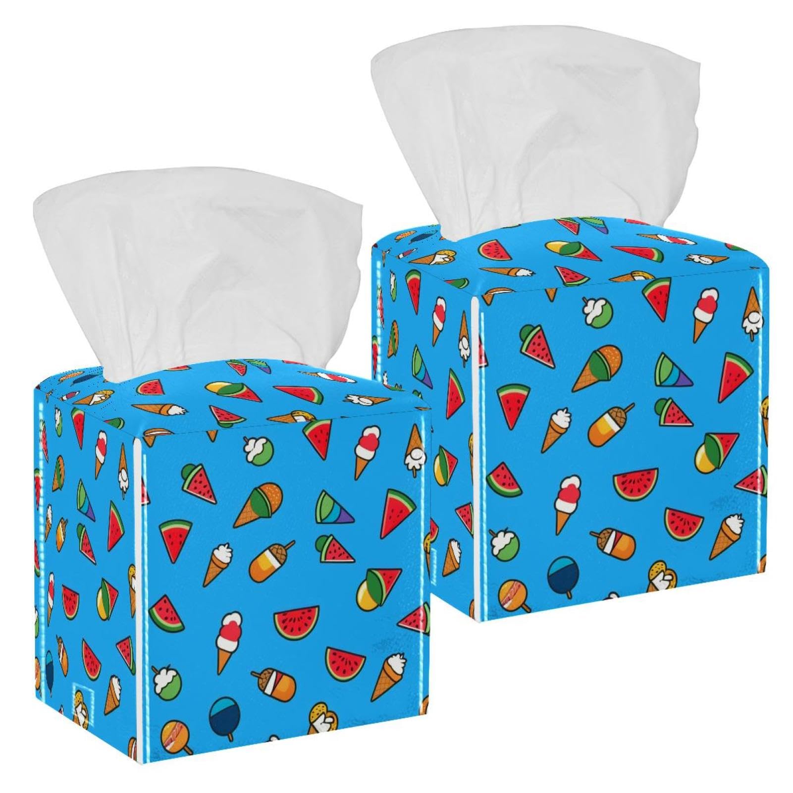 Watermelon Tissue Box Cover, 2 Pack PU Leather Square Facial Tissue Dispenser Box holder for Home Office Car
