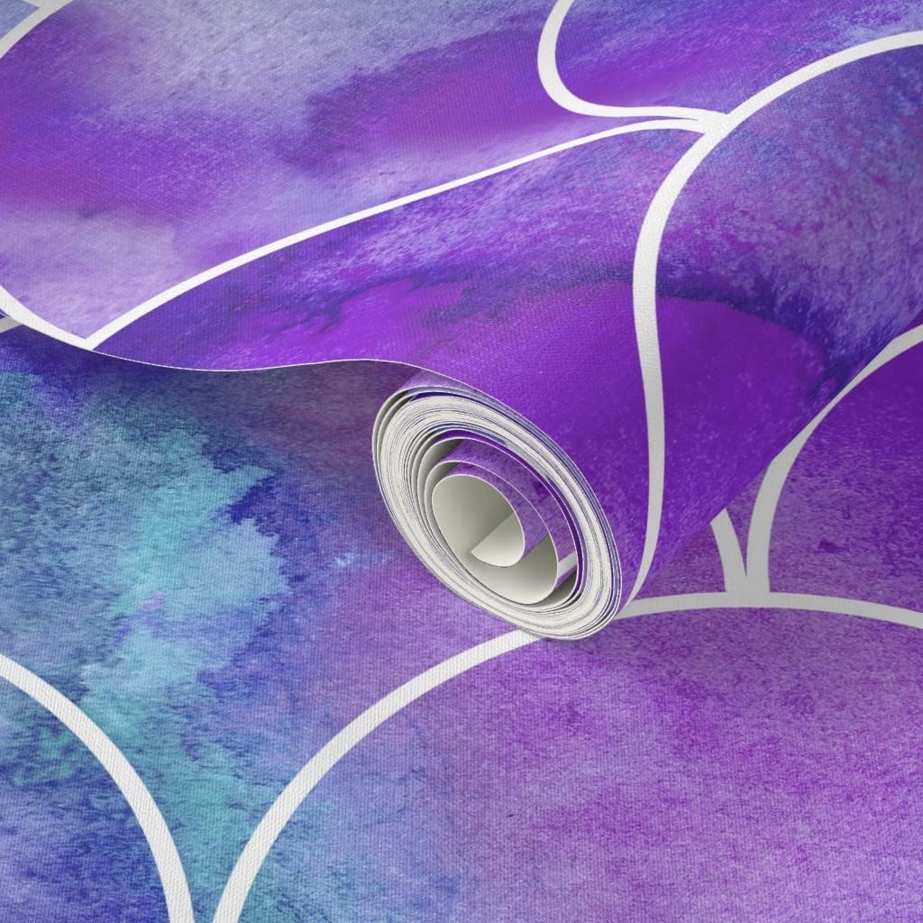 Peel & Stick Wallpaper 3ft x 2ft - Scallops, Mermaid, Scales, Watercolor, Dragon, Purple, Aqua, Fantasy, Cosplay, Mythical, Custom Removable Wallpaper by Spoonflower