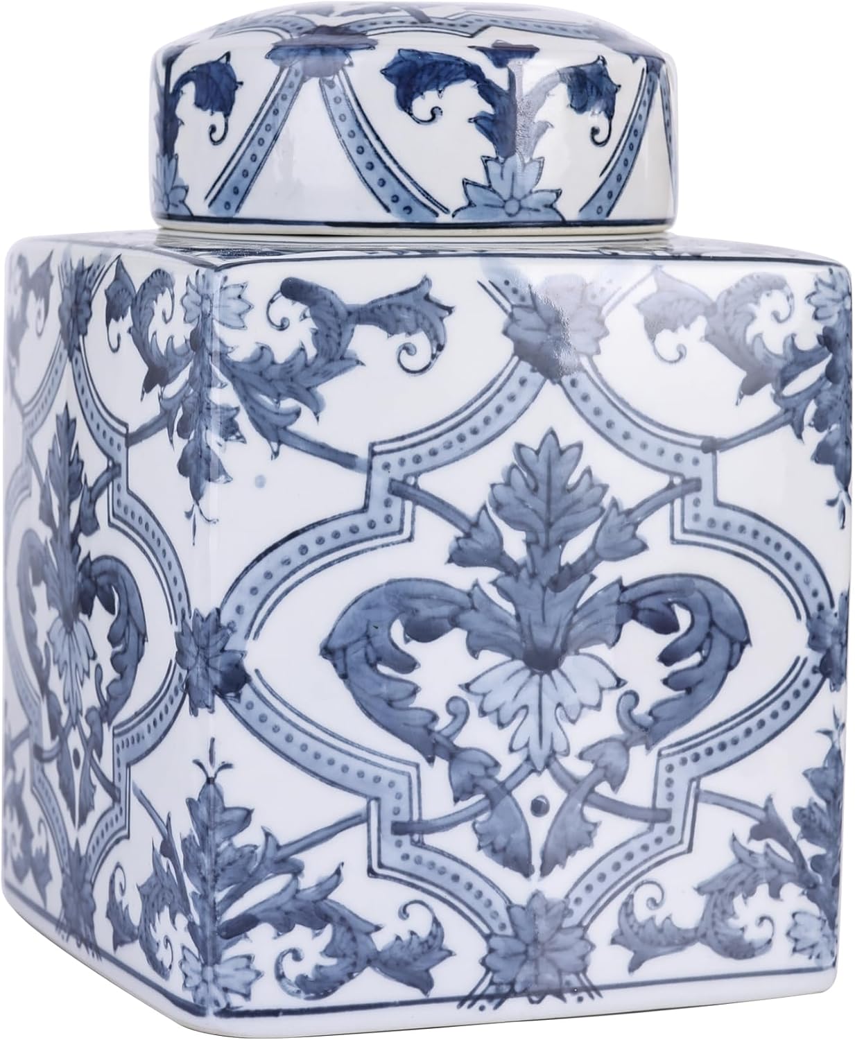 Big Chinoiserie Ginger Jar with Lid—Handmade Blue and White Porcelain Decorative Jar, Square Large in Ceramic Vase & Storage Jar for Home Decor (Model A)