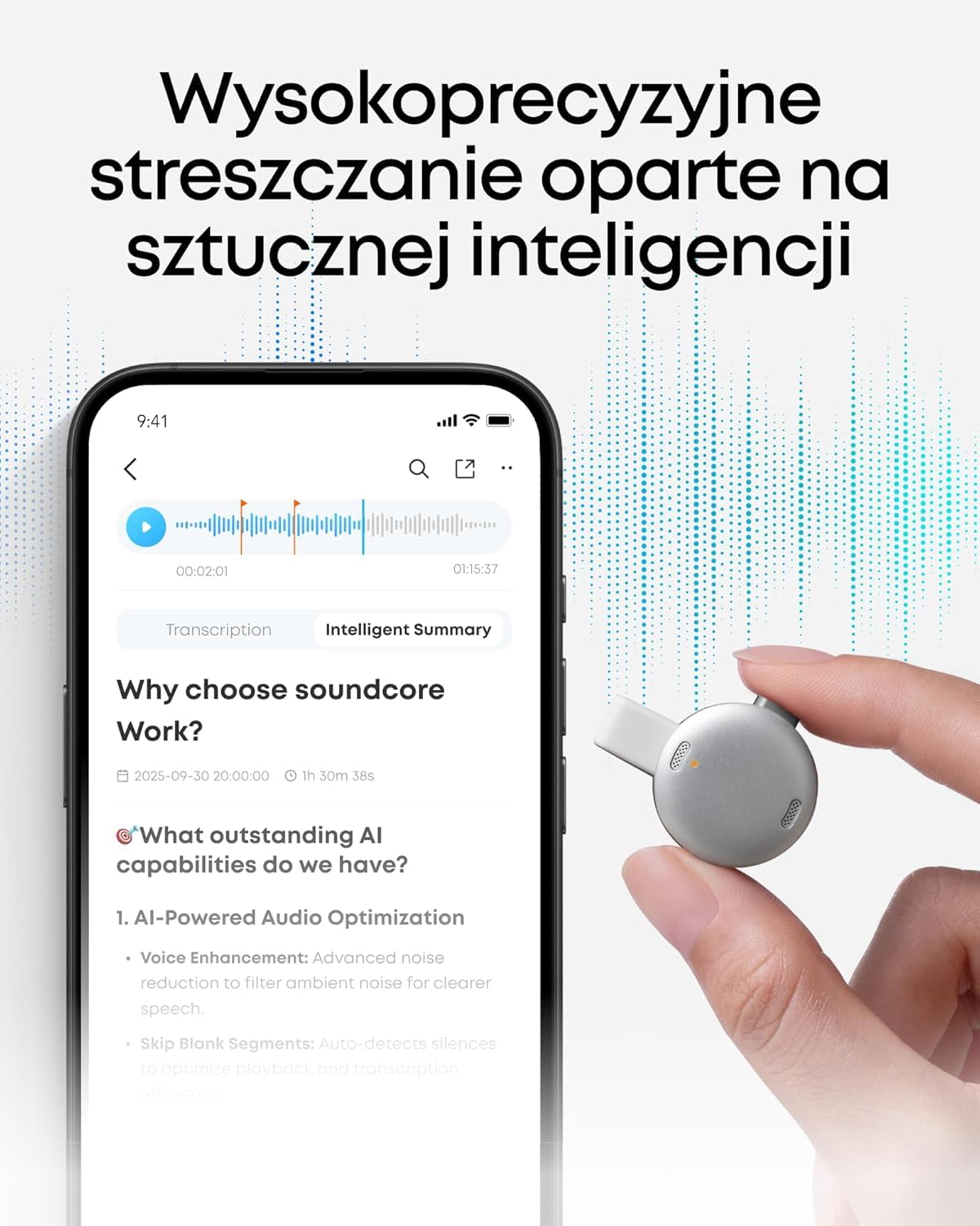 Przenośny dyktafon Anker soundcore Work (odnowiony) – AI transkrypcja, notatki, streszczenia, certyfikat MFi