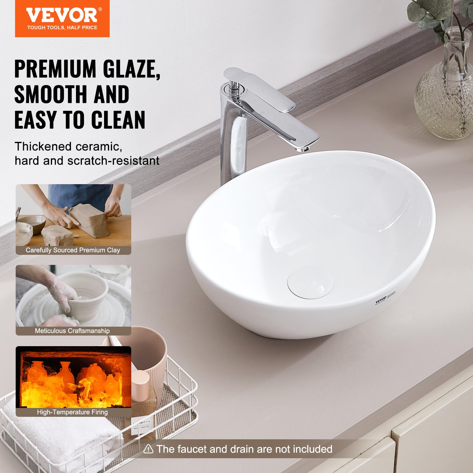 VEVOR Lavabo ovale, 409 x 341 mm, vasque à poser en céramique blanche au-dessus du comptoir, évier de style moderne, lumineux et élégant, bien emballé pour salle de bain, hôtel, toilettes, camping-car