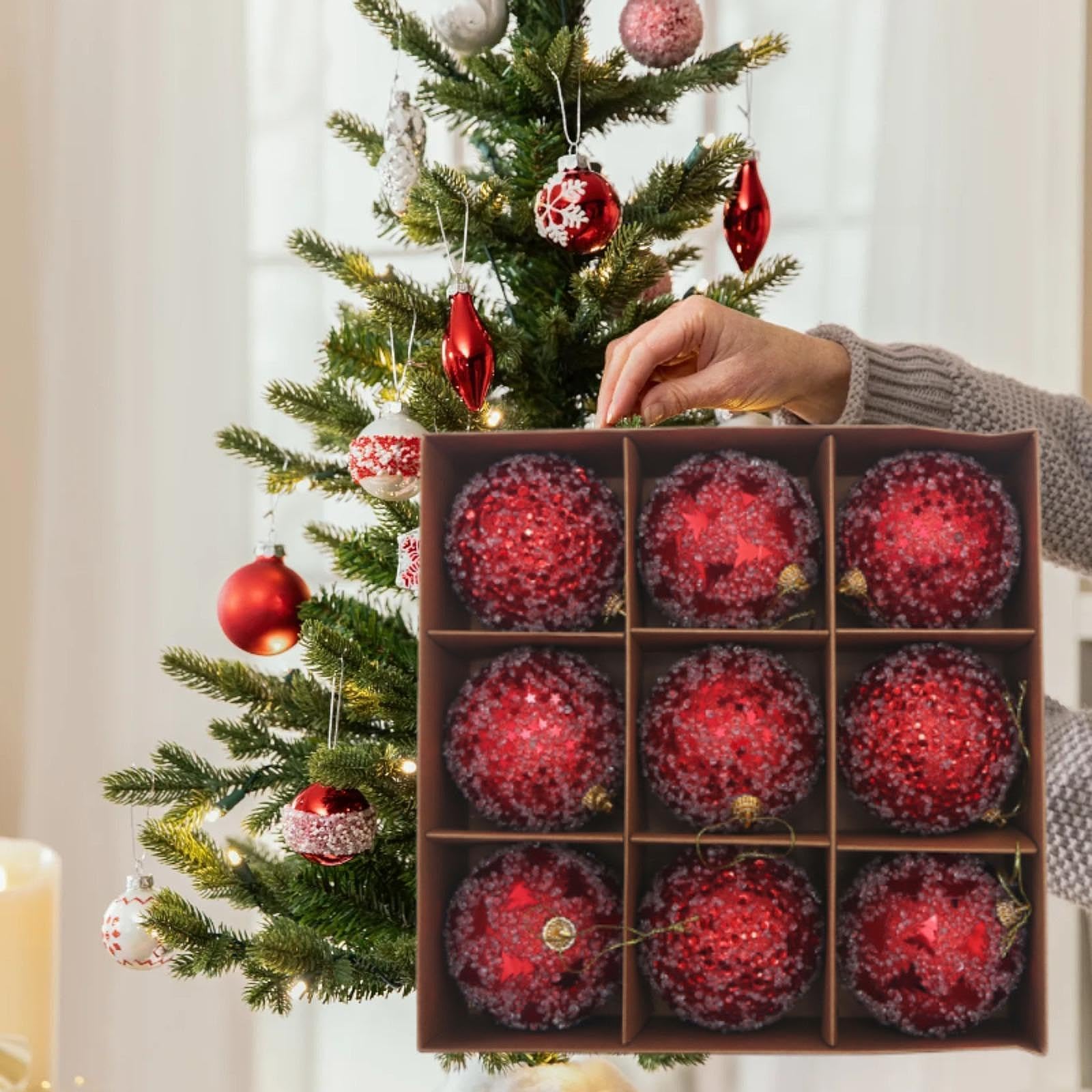 9 Pezzi Palline Natalizie Albero Natale Palle Ornamento Appesi Materiale Leggero Schiuma Superficie Decorativa Adatte per Feste Matrimonio Negozio CAS, Rosso