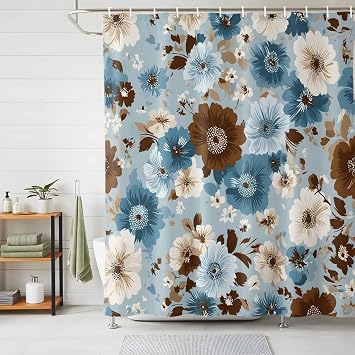 Farmhouse Floral Waterproof Shower Curtains Set - Standard Shower Curtain 66 x 72 Inch, White Blue Brown Flowers Pastoral Pants Fabric Bathroom Curtain with 12 Hooks, Bathroom Accessories