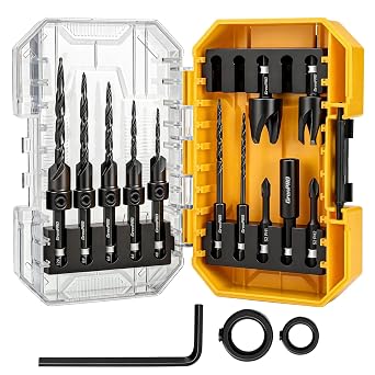 GRENPRO 15 PCS Countersink Drill Bit Set, Tapered Drill Bits with 2 PCS Wood Plug Cutter, Magnetic Extension Bit Holder, 1/4" Hex Shank Quick Change for Woodworking with Storage Box