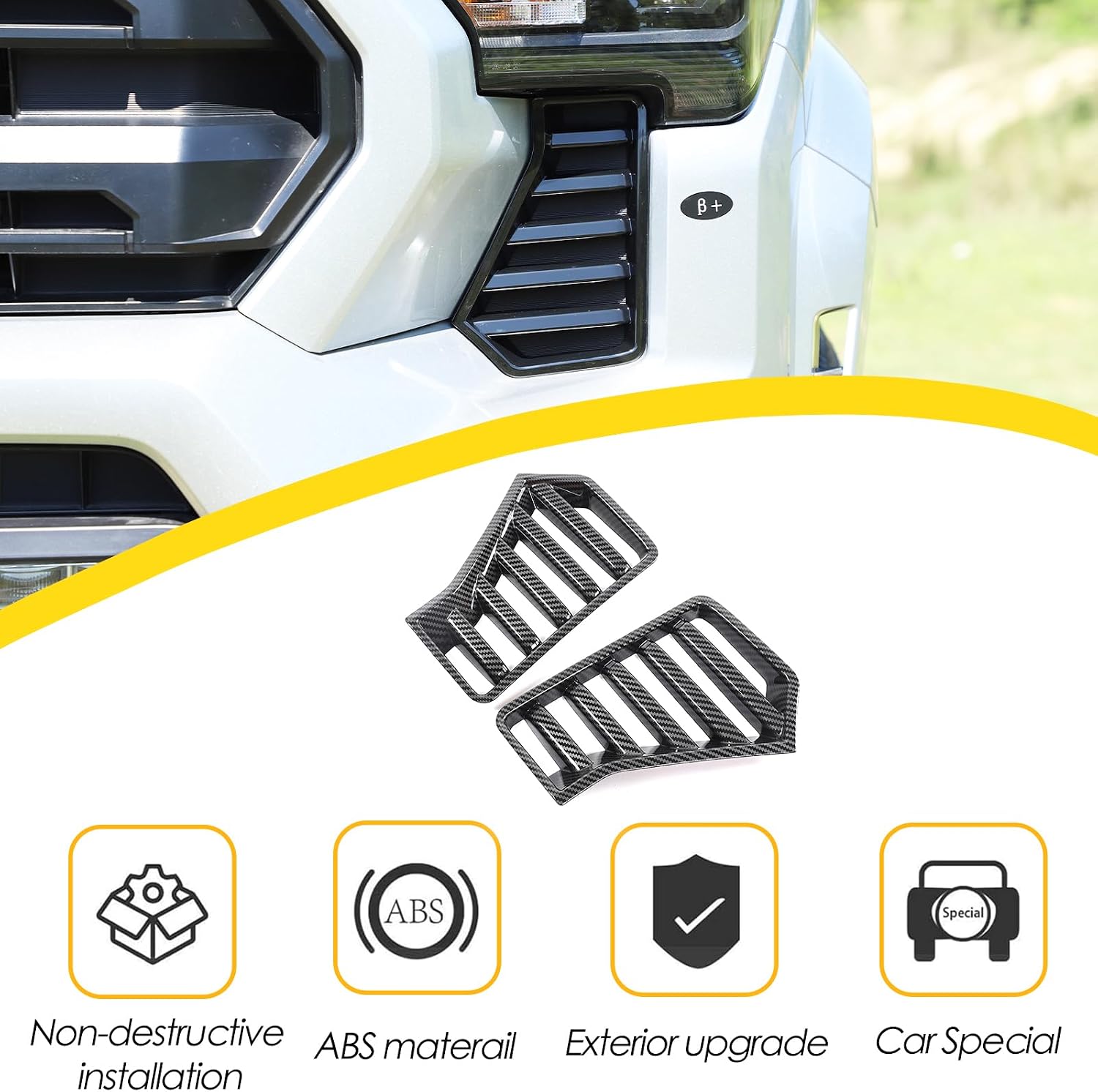 Front Headlight Lower Vent Cover Compatible with Toyota Tacoma 2024 2025 2026 Accessories, ABS Front Headlight Bumper Side Grille Vent Cover (Carbon Fiber)
