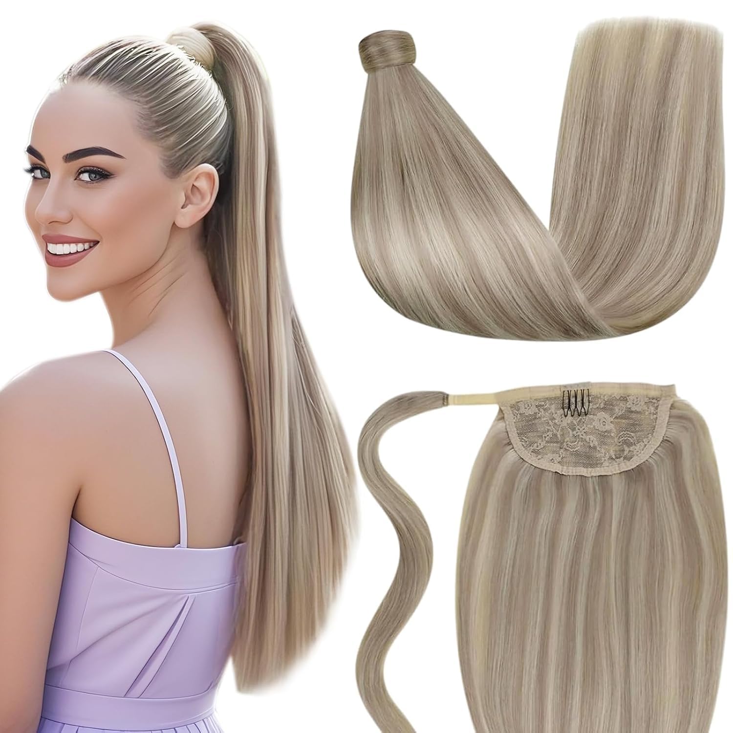 LaaVoo Ponytail Extensions Echthaar Highlight Blond Zopf Extensions Echthaar Pferdeschwanz Extensions Short 70g Extensions Zopf Echthaar Aschblond Gebleichtes Blond #P18/613 30cm