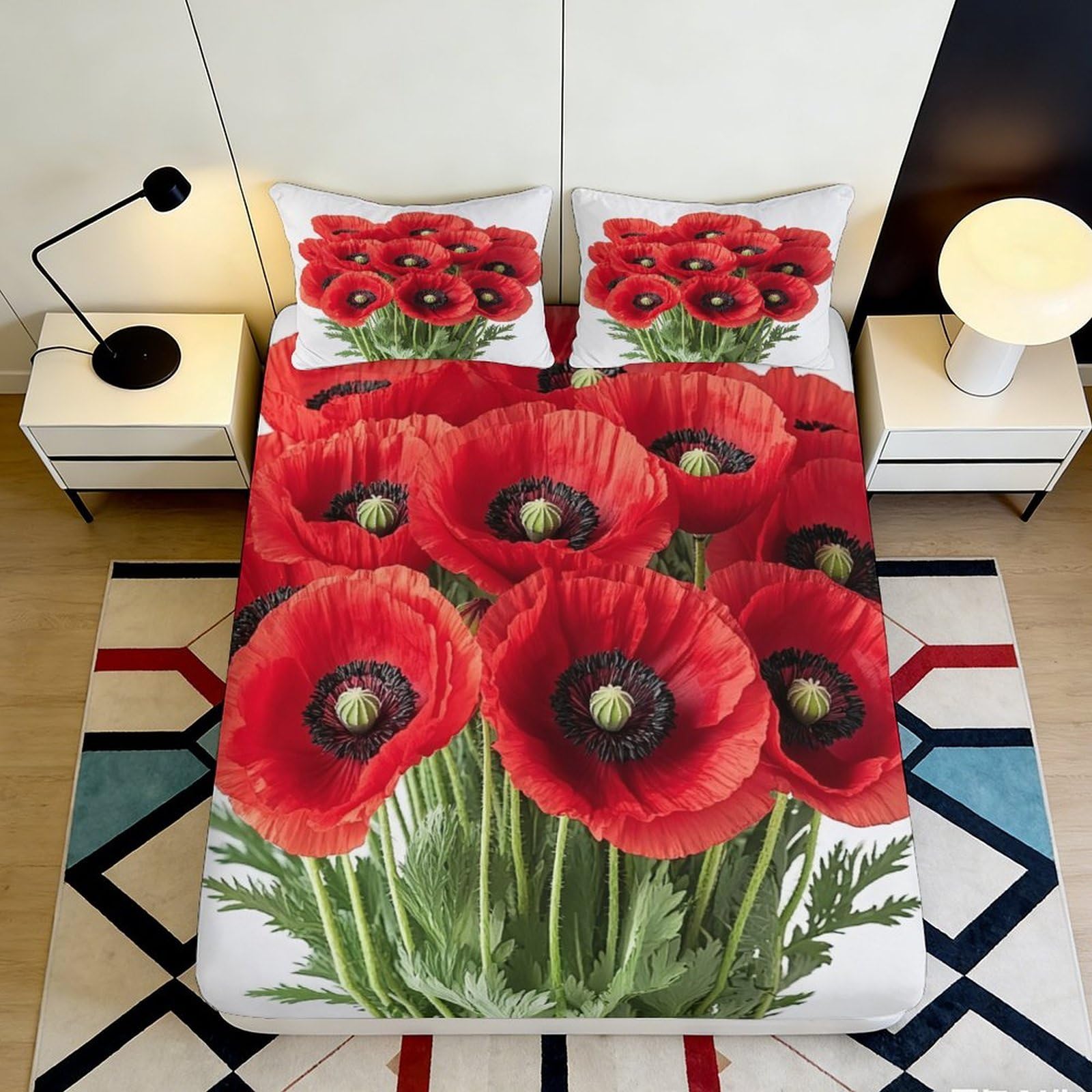 3D Printed Red Poppy Fitted Sheet Microfiber Soft Breathable Floral Bed Cover for Bedroom Dormitory Guest Room Mattress Protection Decor 180x200x25cm