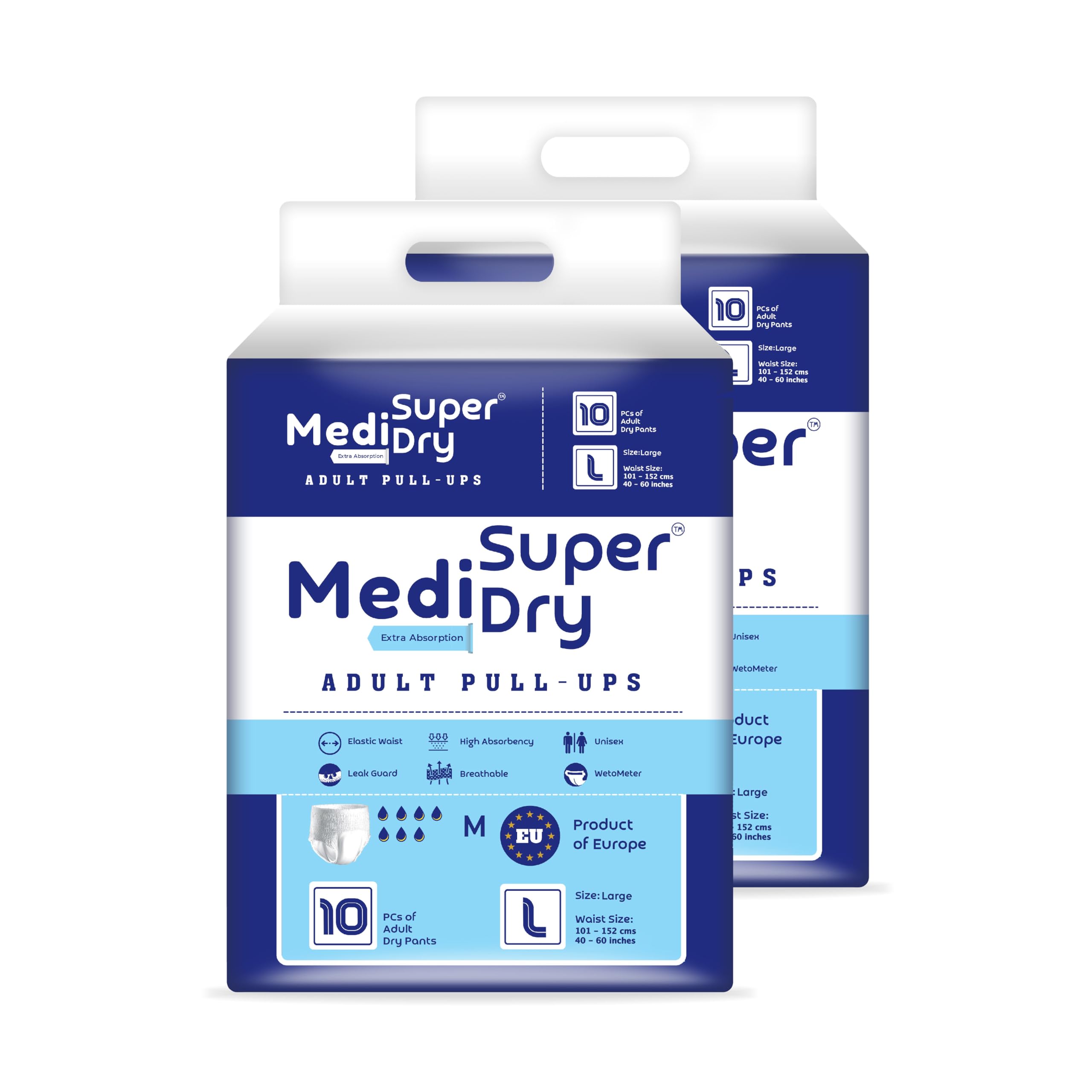 Medi Super Dry Adult Diaper Pants Large Size (L), Adult Pull-Ups, High Absorbency, Leak Proof, Overnight Protection, Odor control, Elastic Waist Size (101-152 cm | 40-60 Inches), 20 Pieces, Pack of 2