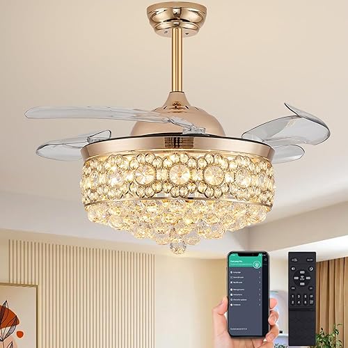Ventilador de techo de cristal regulable de 48 pulgadas con luces y control remoto, lámpara retráctil invisible para dormitorio, sala de estar,