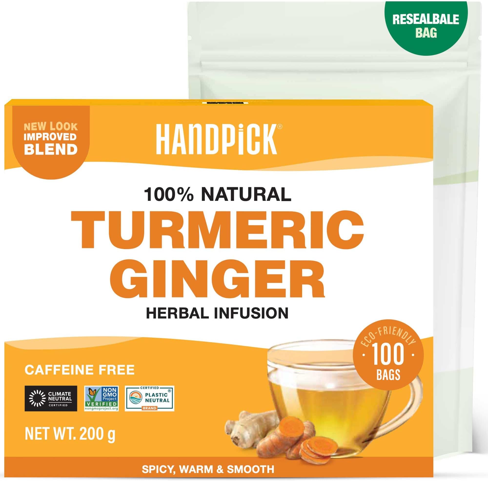 Turmeric Ginger Tea Bags (100 Herbal Tea Bags) Caffeine Free, Gluten Free | Made from 100% Pure Turmeric & Ginger Root | Curcumin-Rich | Packed in Eco-Friendly Teabag