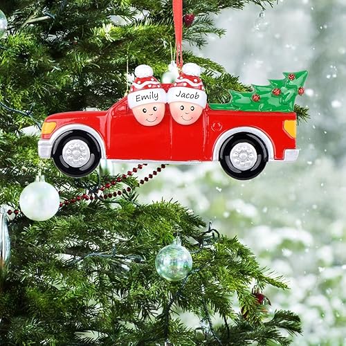 Miniatura 9 de Red Family - Adorno de camioneta – Familia de 3 comprando un árbol de Navidad – Adorno de Navidad personalizado para familia de 3 – Adorno familiar