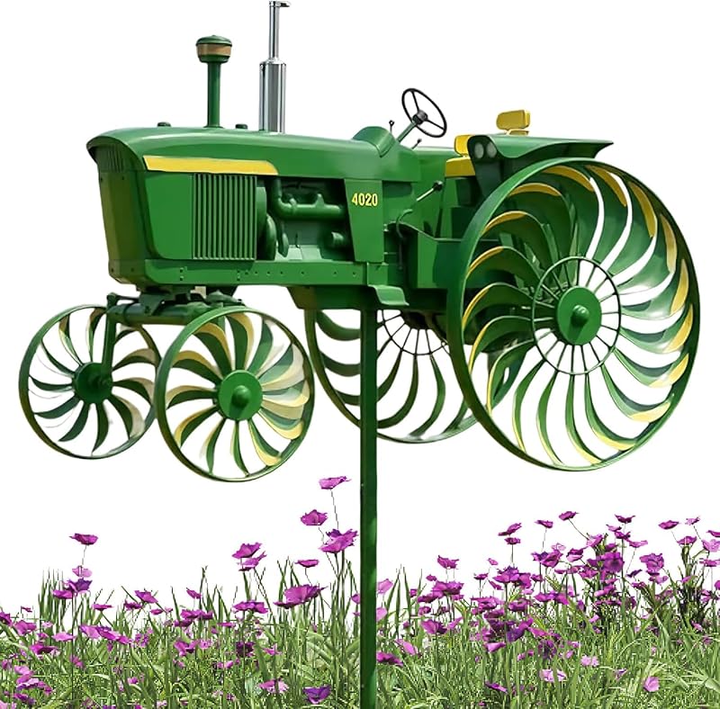 Garden Tractor Wind Spinner, Green Tractor Windmill Stake Decor with Rotating for Front Yard, Garden Decor Yard Ground Stake Windmill for Porch Backyard Lawn Flower Bed Holiday Housewarming (Green)
