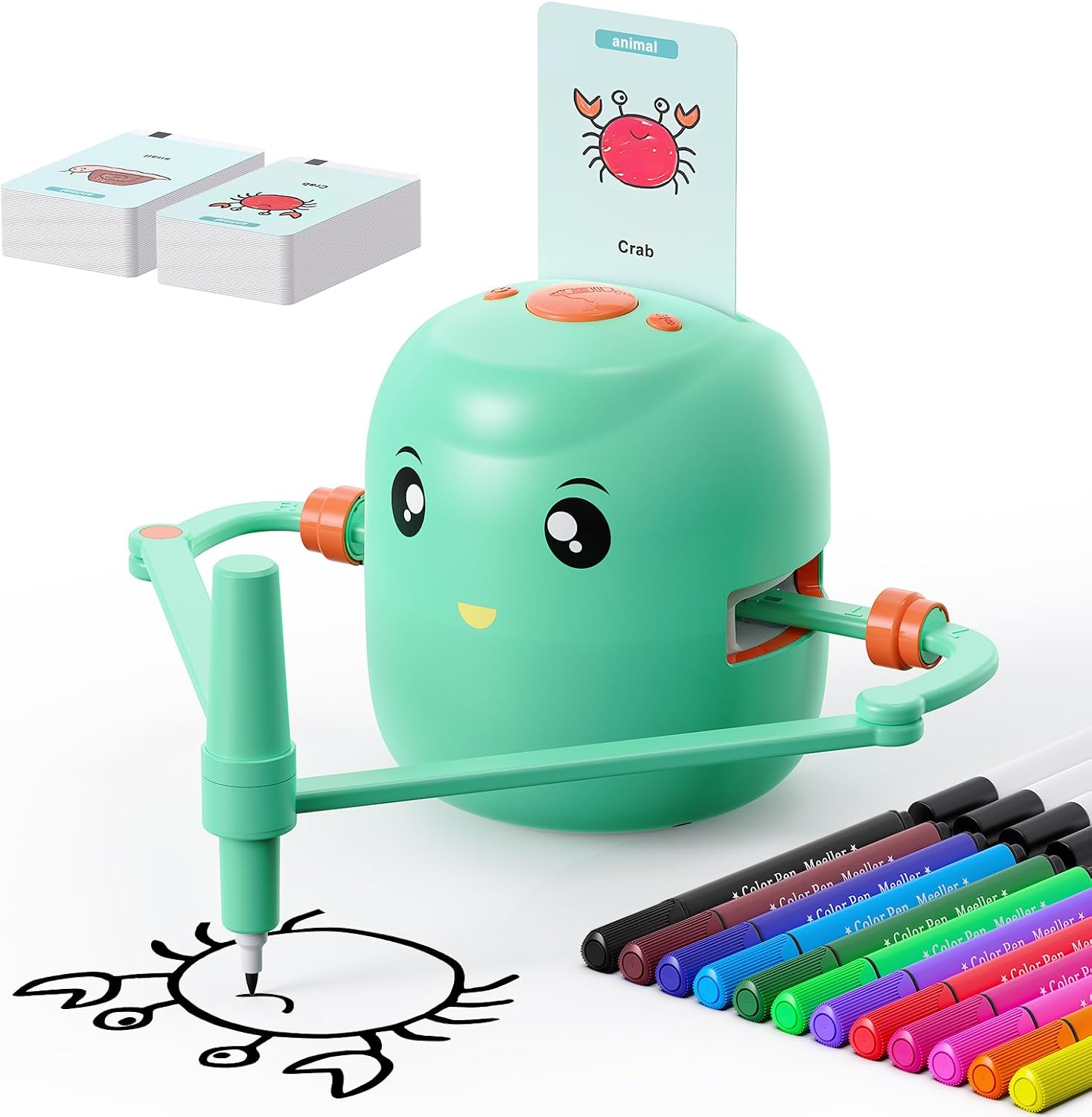 Drawing Robot for Kids,Montessori Educational Painting Toy for 5+ with Voice Interaction&16 Color Pens,Magic Drawing Robot with 100 Learning Word Cards,Ideal Gift for 5+ Year Old Boys Girls Green