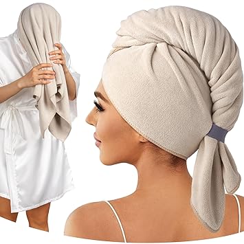 Umisleep 100% Microfiber Hair Towel, 41" x 22" Super Absorbent Towel Wrap with Elastic Loop, Large Curly Hair Towel for Women Long, Thick Hair, Camel