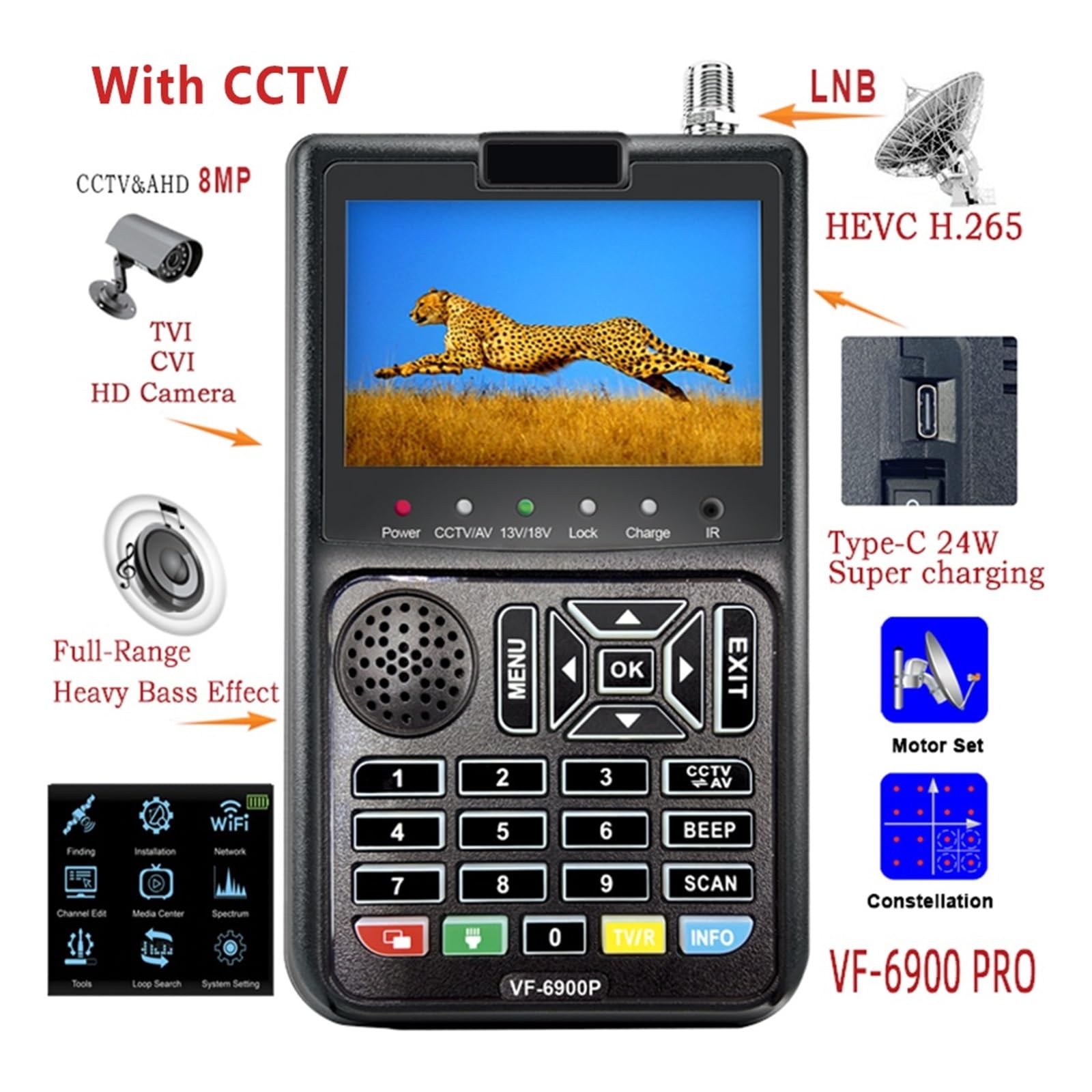 Receptor de satélite Receptor de TV del programa de vídeo en de la pantalla TFT combinada del buscador de satélite de HD Digital 3.5” para Antenas de Sistemas de Recepción Remota(VF-6900 Pro CCTV)