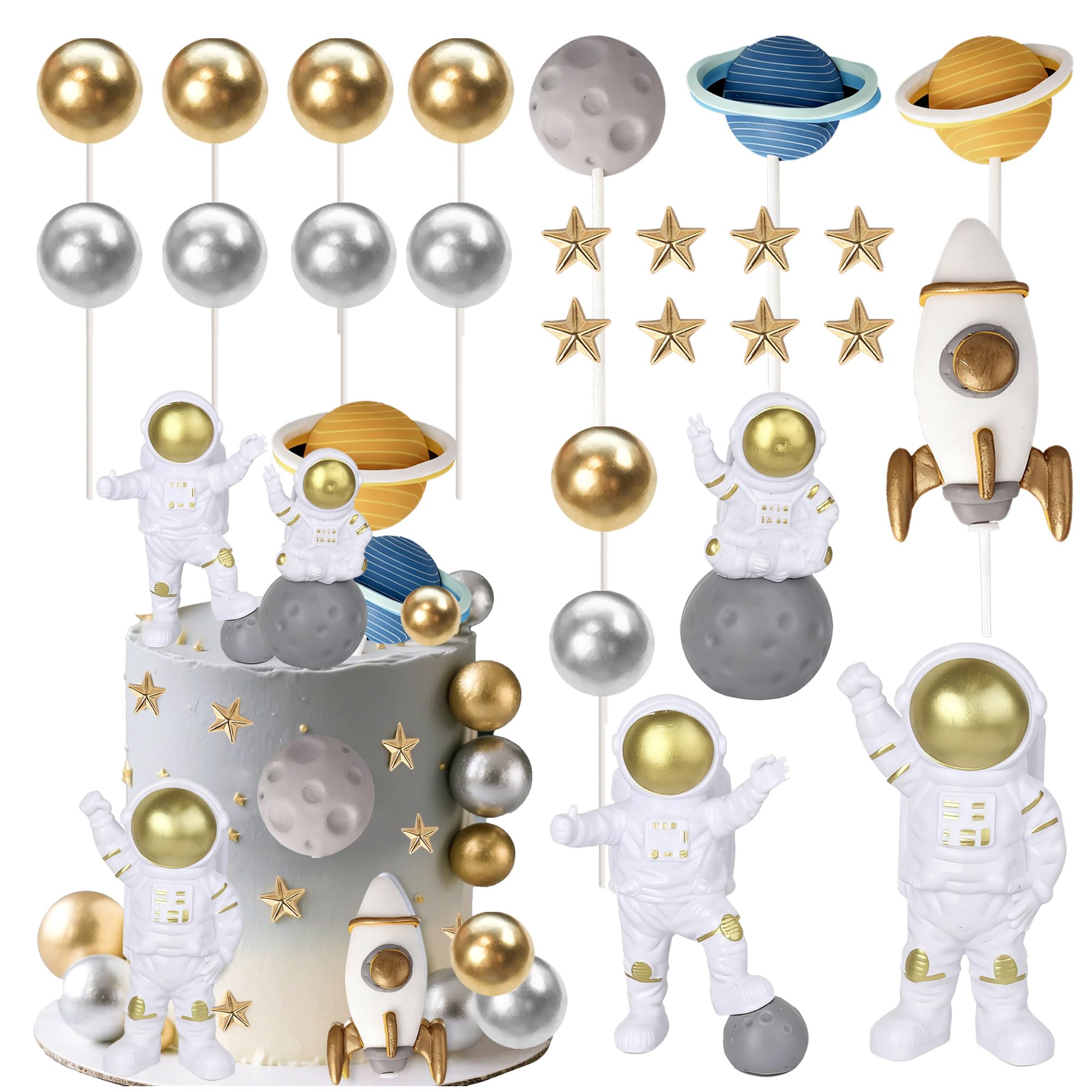 Xsstarmi Outer Space Cake Topper Decorations with Star Astronaut Rocket Trip to the Moon Theme Cake Pick for Baby Shower Kids Birthday Party DIY Cake Decorations Supplies
