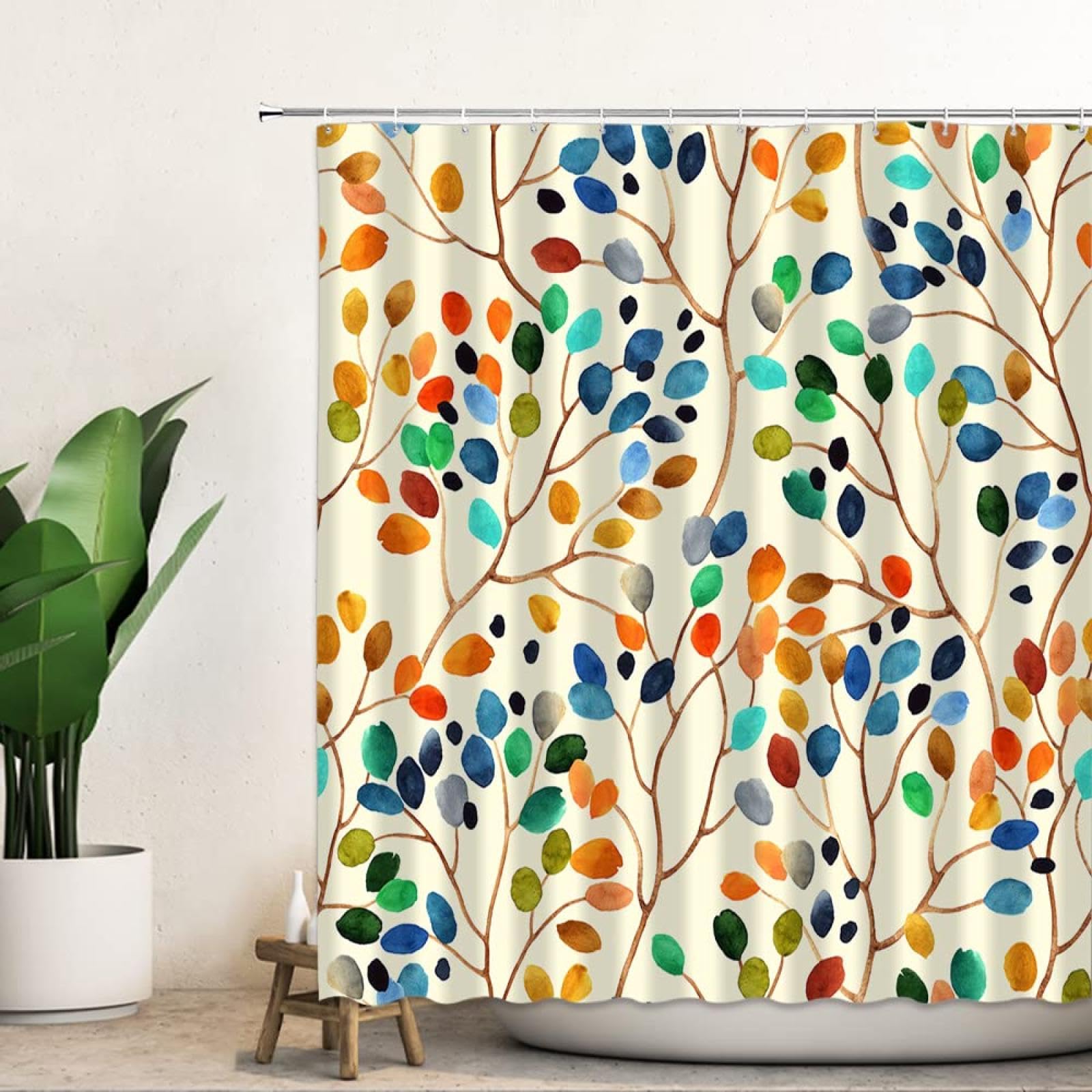 Uiyiui Multicolor-2 Floral Shower Curtain For Bathroom 55X87in-140X220cm Watercolor Plant Leaves Bohemian Waterproof Shower Curtain With Hooks, Aesthetic Bathtub Bathroom Accessories, Yellow Blue Multi Color