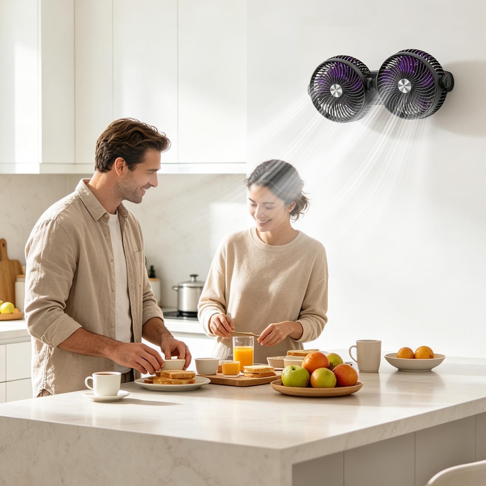 Ventilatore da parete Doppia Testa Ricaricabile Rotazione Multi-Angolo | Ventilatore Per Comodino Per Campeggio, Ufficio, Casa, Esterno, Tenda, Palestra, Studio E Lettura