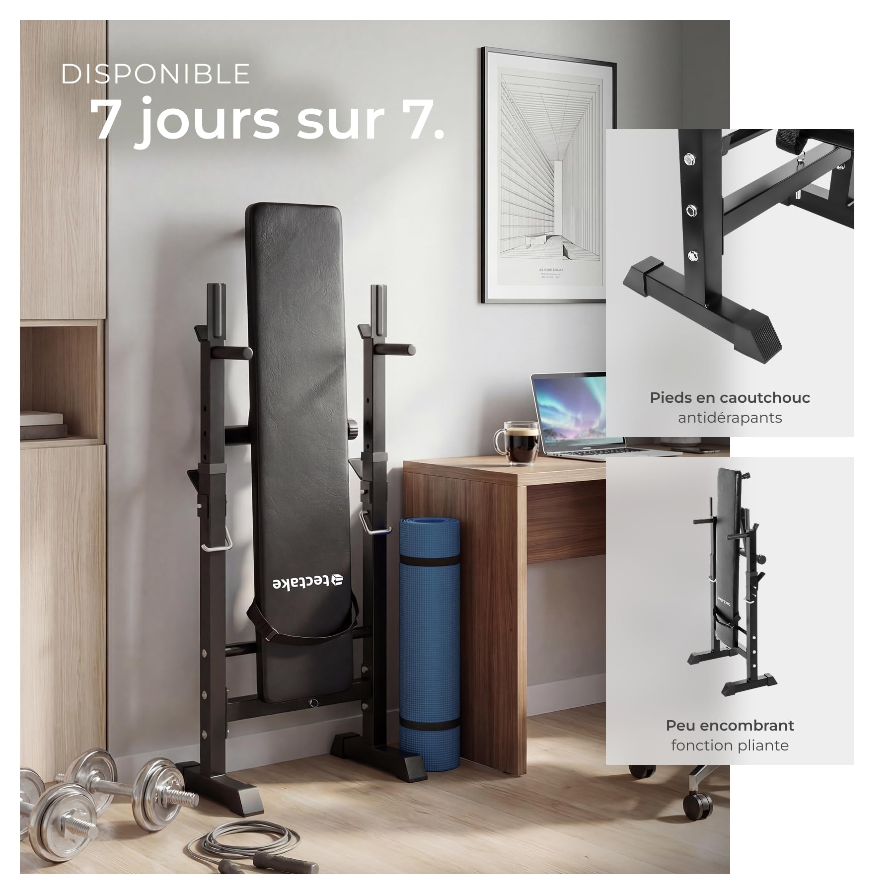tectake® Banc de Musculation pliable 118x55x106 cm, Support haltères, Banc abdominaux, bras & épaules, Station de dips, Appareil musculation, Sport Maison, Fitness, Rembourrage épais, Antidérapant