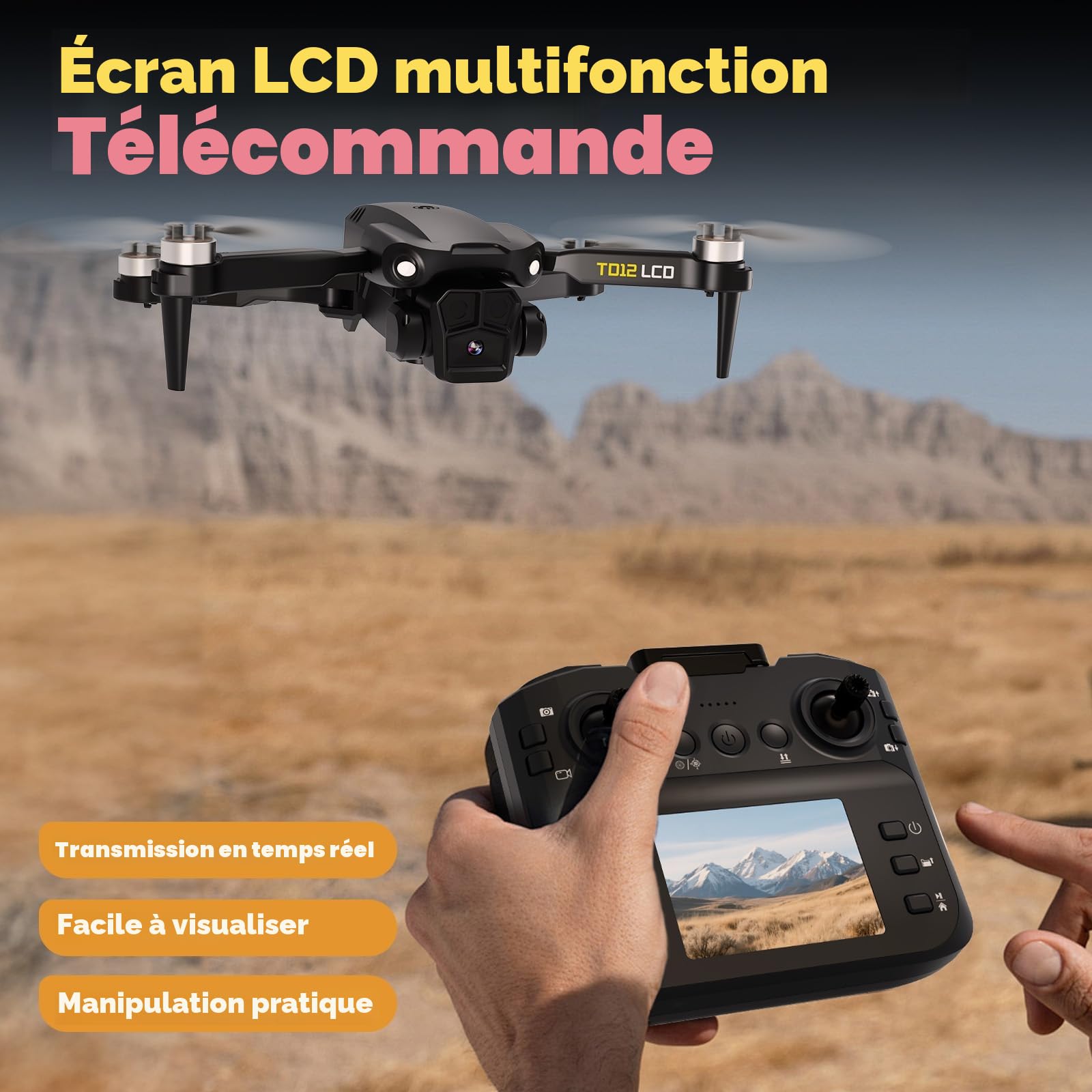Toladrone TD12LCD Pliable Drone avec Camera pour Adultes, Drones avec Positionnement par Flux Optique, Moteur sans Balais, Transmission D'écran LCD, Quadricoptère pour Débutants, Moins de 249g, C0