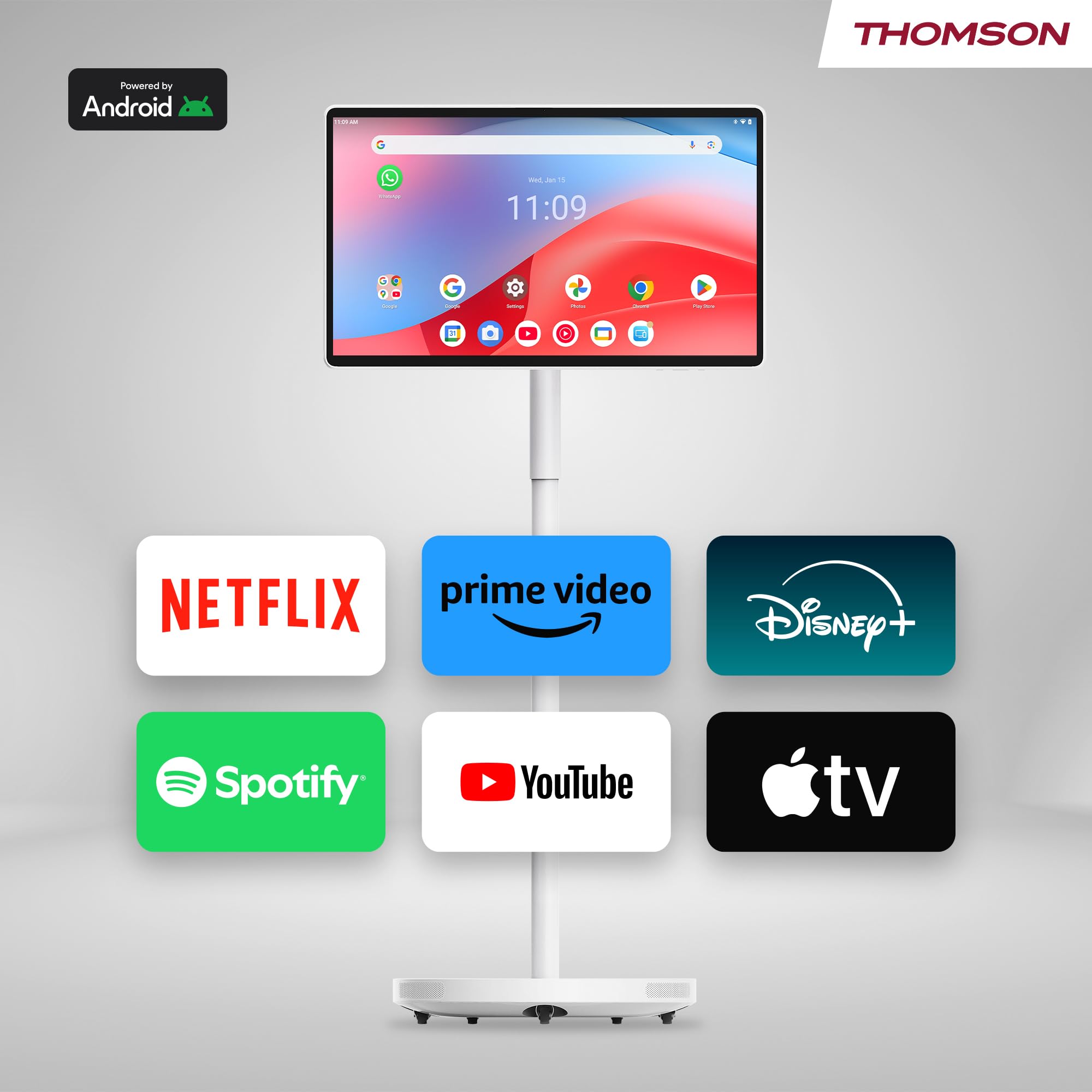 THOMSON Go Plus Pro Pantalla Táctil Inteligente 27 Pulgadas (69 cm) FHD, Android, Control por Voz, Hotspot, Cámara 5MP, Subwoofer, WiFi 6, Bluetooth, Batería 4 Horas, Soporte Portátil - Blanco