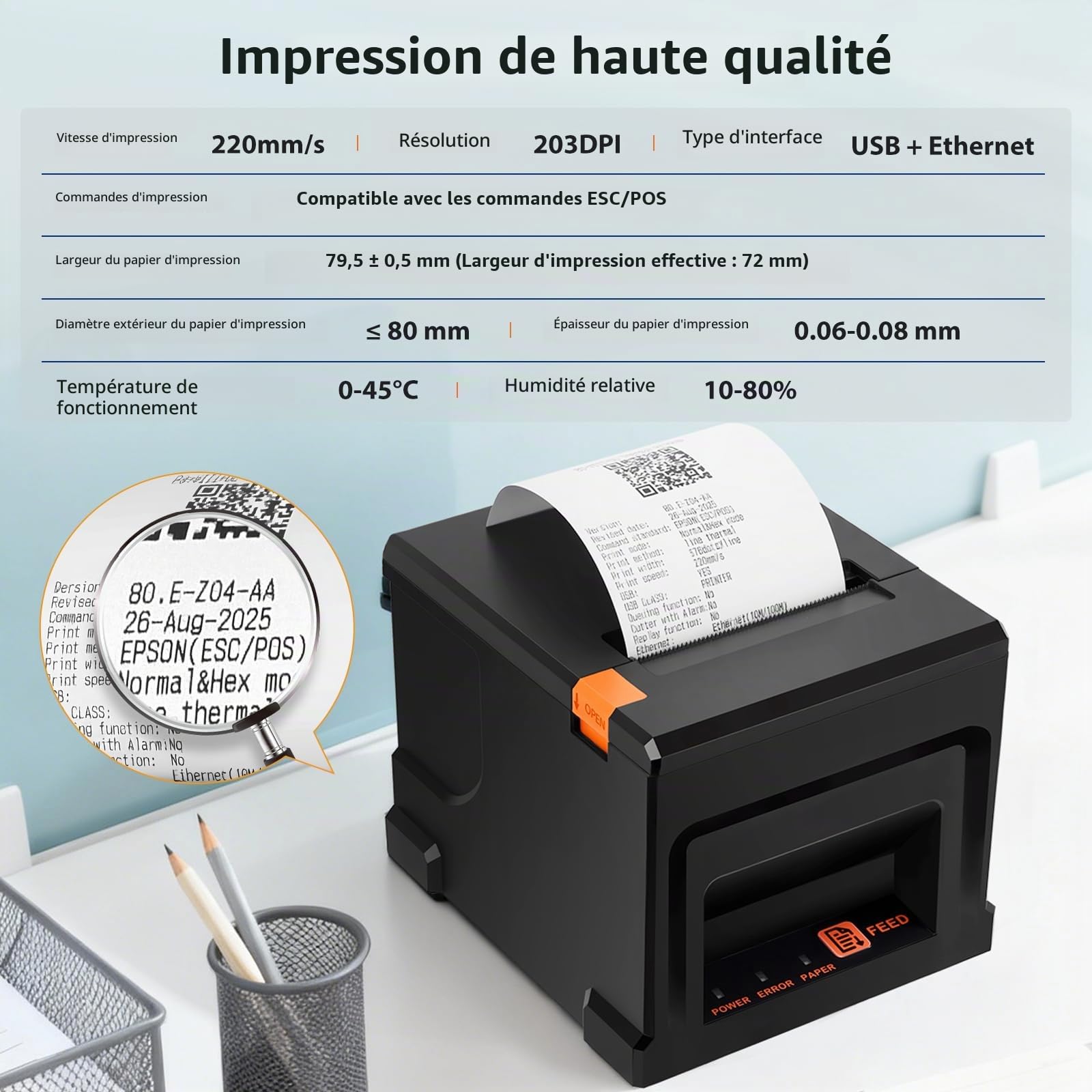 Imprimante, Thermique Mini Imprimante Sans Cartouche Reçus Point Vente USB 80Mm Avec Coupe-Papier Automatique Prise Charge Tiroirs-Caisses Interface USB/Ethernet Compatible Windows/Mac/Linux ESC/POS