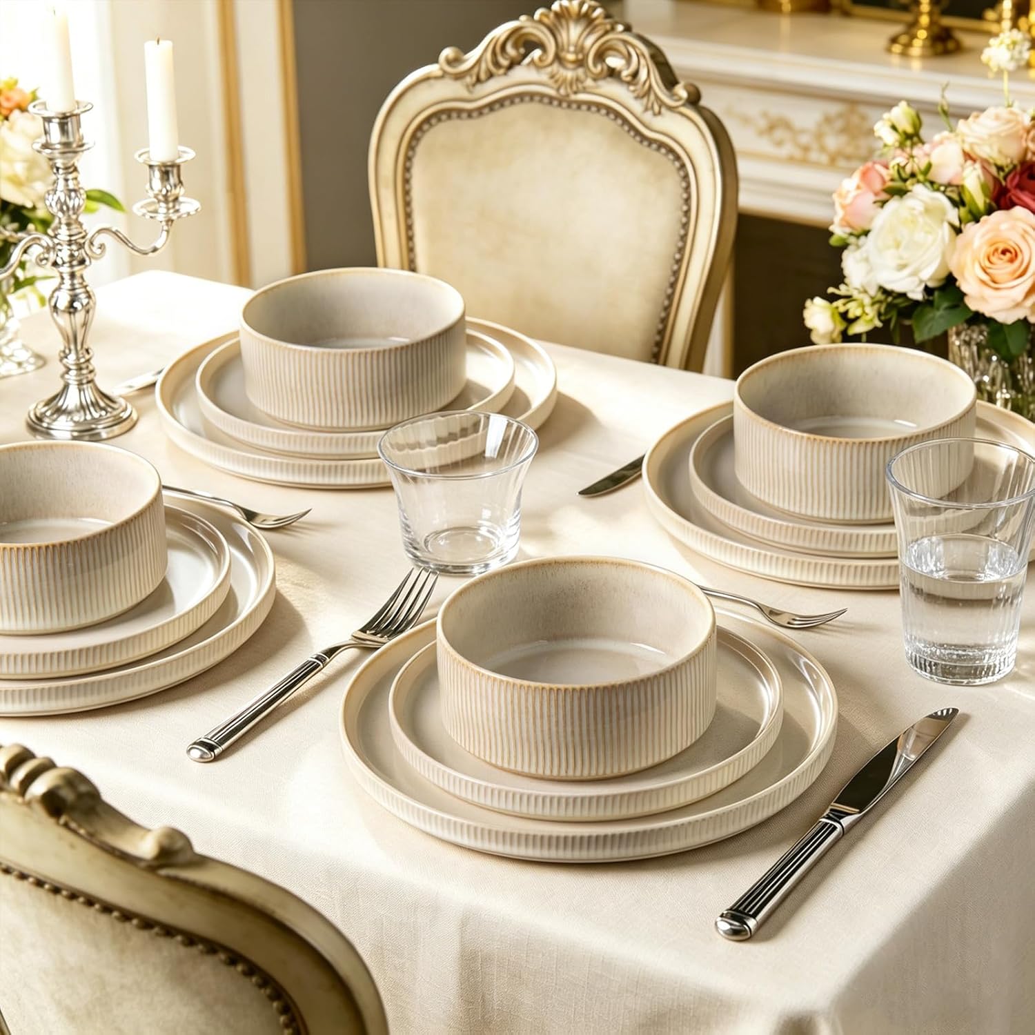 stoneware dinnerware sets, plates and bowls sets for 4, 12-piece ribbed dishes – chip & scratch resistant, microwave and dishwasher safe tableware, beige beige 4-set(12pcs)
