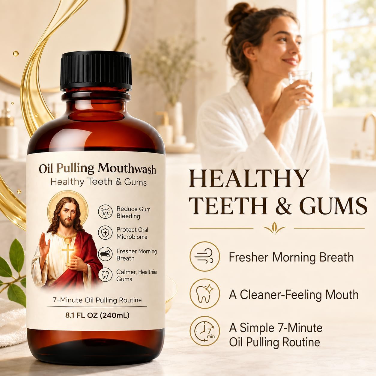 Pulling Oil, 8 Fl Oz (240 mL), Holymouthwash Halo Gum Serum, Pulling Oils for Healthier Gums and Fresher Breath, 7-Minute Daily Routine