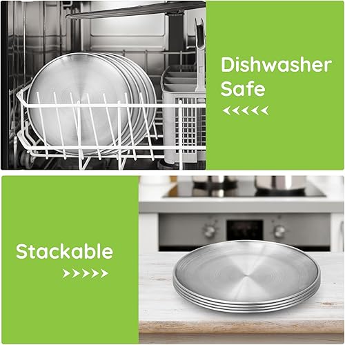 Miniatura 4 de Platos de metal para campamento, paquete de 4 platos de acero inoxidable 304 (188) de 9.1 pulgadas, platos reutilizables para pizza, aperitivos,