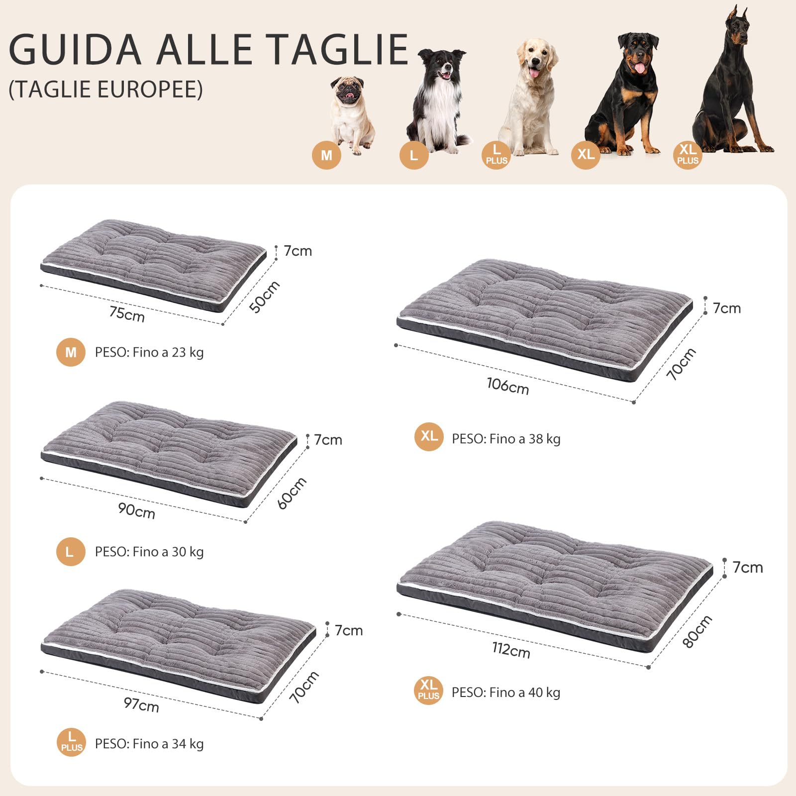 Cuccia Cane Grande: Letto per Cani Lavabile – (106 x 70 x 7 cm) | Tessuto in Morbido Peluche – Base Antiscivolo – Ideale per il soggiorno, la gabbia, il bagagliaio dell'auto Grigio