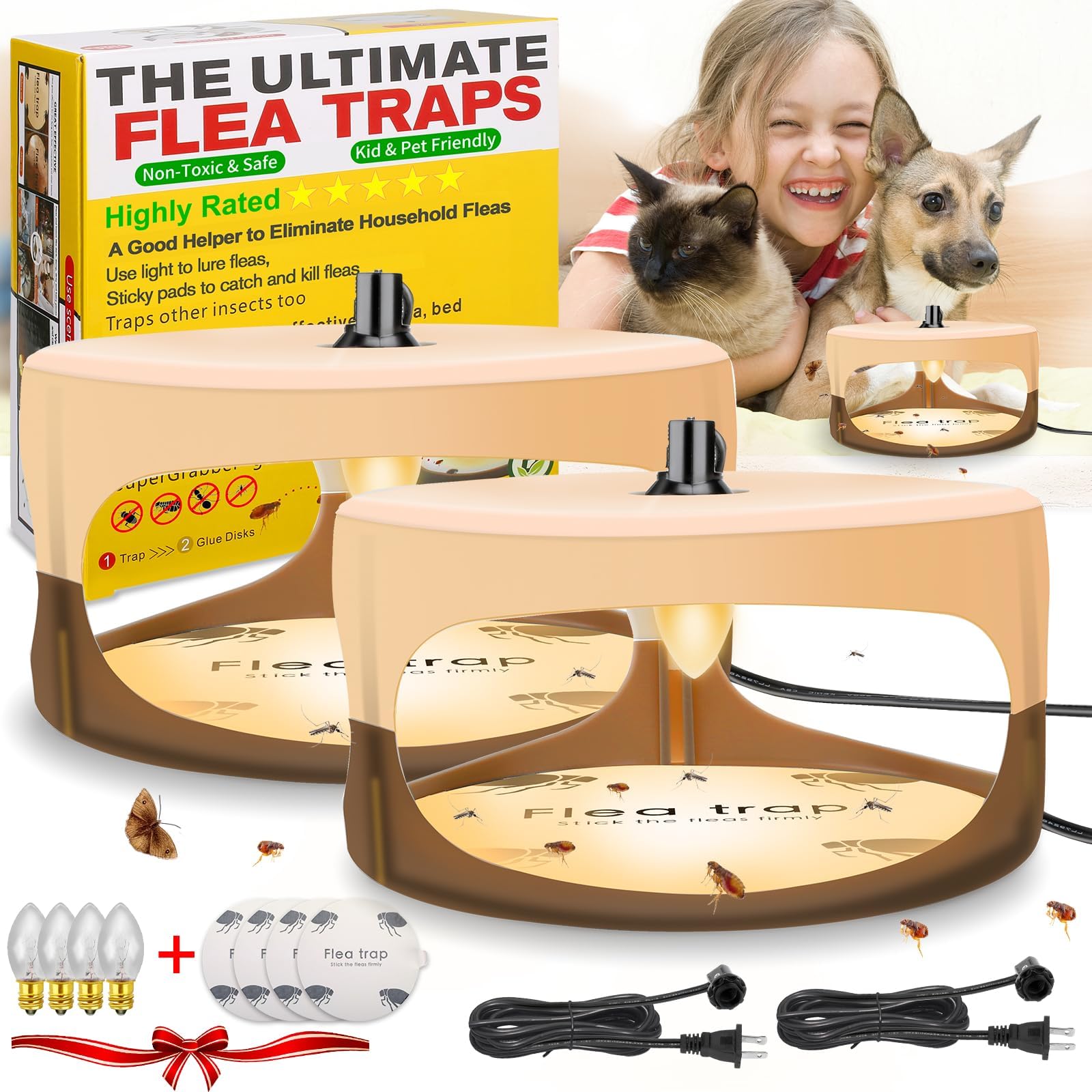 Electronic Fly Gnat Traps Flea Traps for Inside Your Home,New Bed Bug Trap with Light Refills,Electronic Fly Gnat Traps Indoor,Sticky Flea Bombs for Home Indoor(2 Pack)
