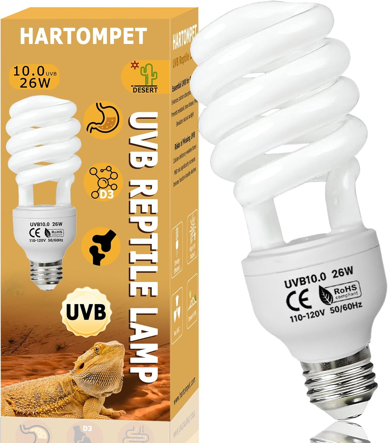 UVB 10.0 Reptile Light 26W, Compact Fluorescent Lamp, Coil Desert Bulb for Bearded Dragons, Lizards, Snakes, Geckos, Amphibians–Lighting for Habitat Tank, Pet Terrarium & Large Reptile Cage