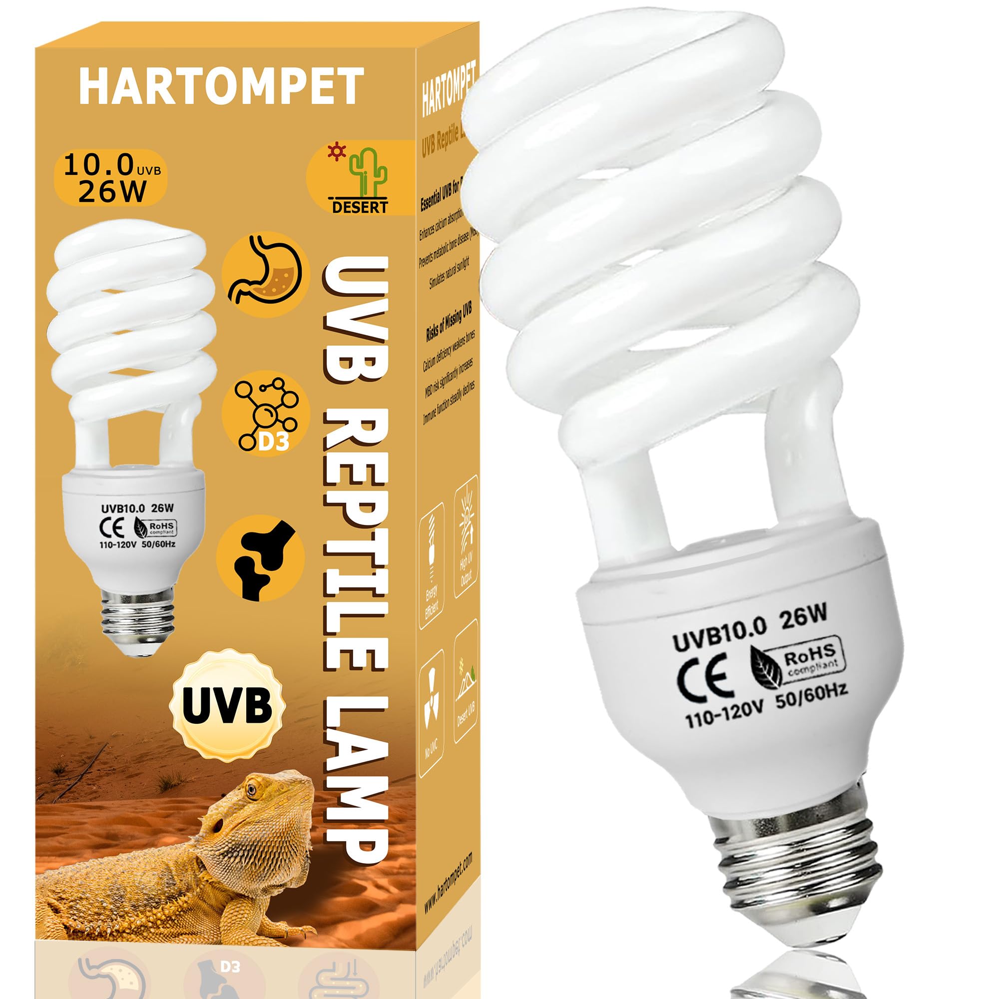 UVB 10.0 Reptile Light 26W, Compact Fluorescent Lamp, Coil UVB Desert Bulb for Bearded Dragons, Lizards, Tortoises, Snakes & Reptile Tanks