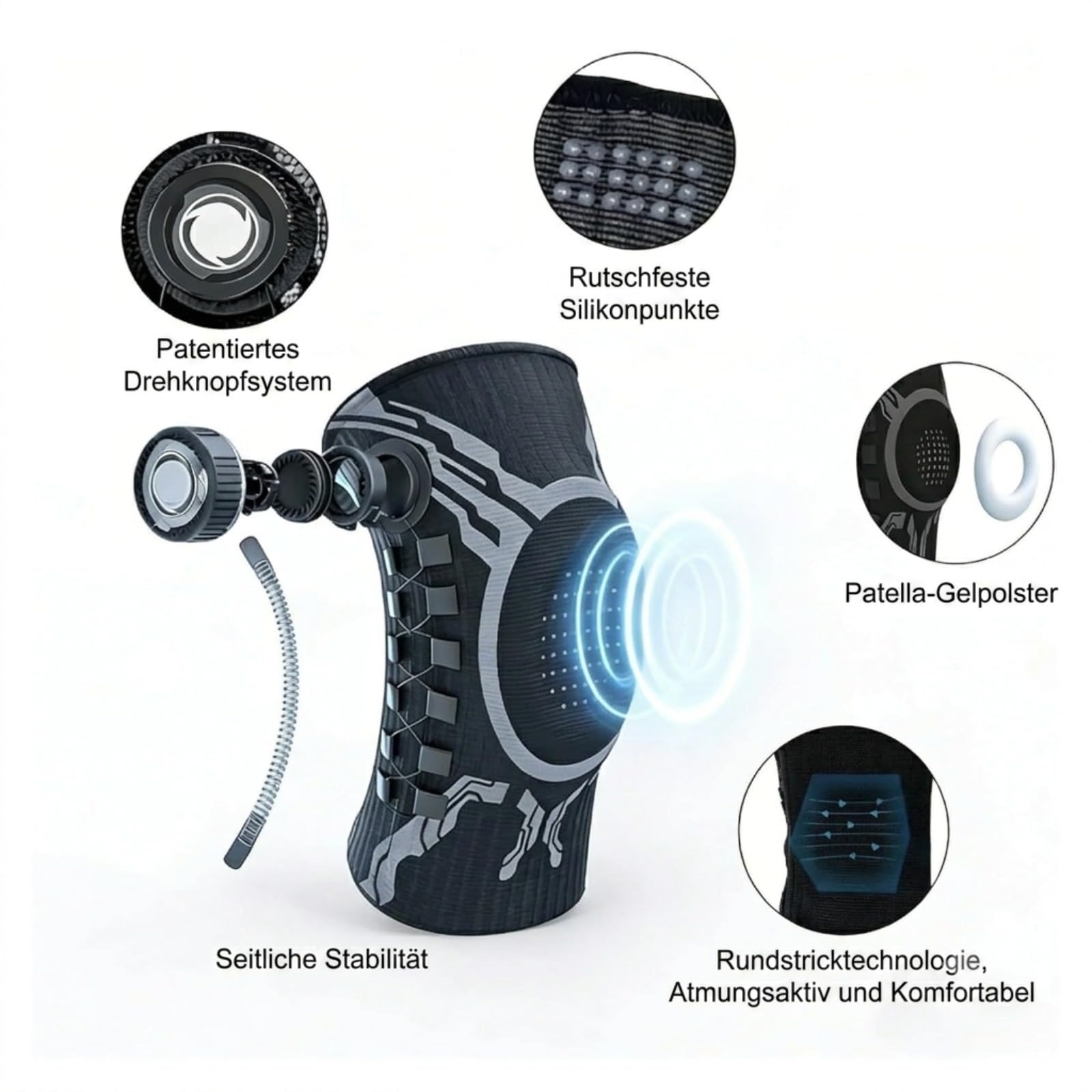 Mobilitee Knaufkniebandage zur Schmerzlinderung, Verstellbare Kniestütze mit Patella Gelpad & Gelenk-Stabilisatoren (Weiß-Rechts,L(65-85kg))