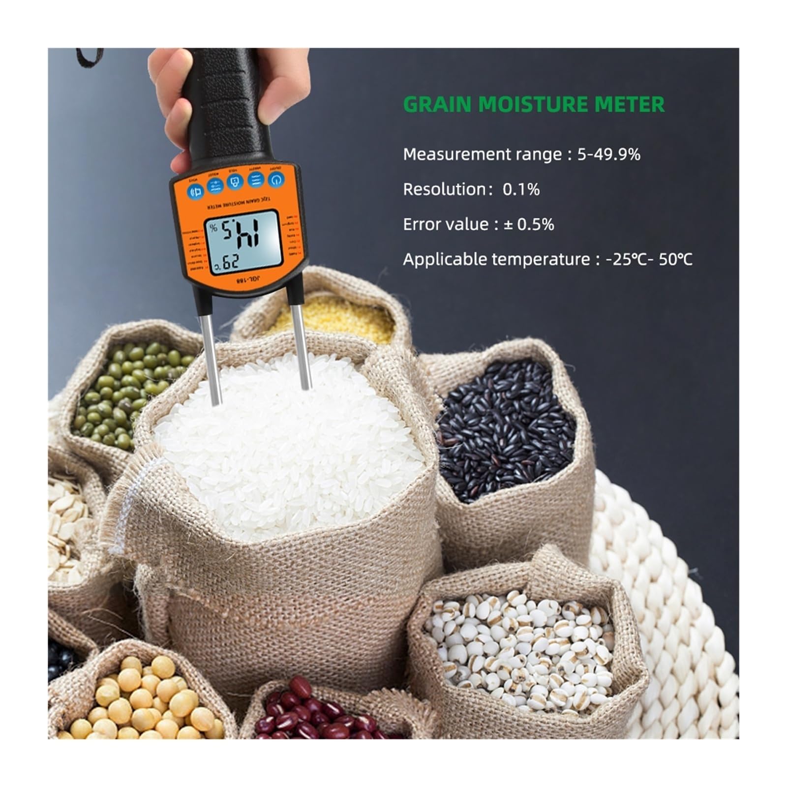 Feuchtigkeitsmesser, Digitales Getreidefeuchtigkeitsmessgerät, 0,1 % hochpräziser Tester for Getreidefutter, Baumwolle, Sojabohnen, Lagertemperatur, Wassergehalt für Garten, Bauernhof