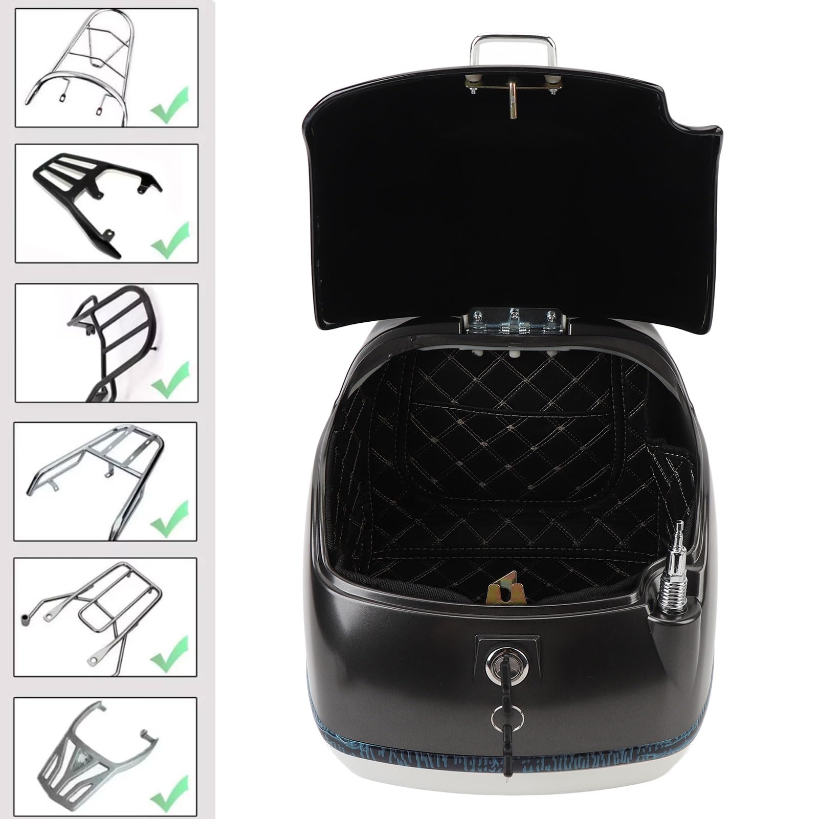 Top Case de Moto 38L, Design Rétro élégant, Boîte de Rangement Résistante à l'eau pour Motos Scooters ABS 1 unité (Noir Blanc)