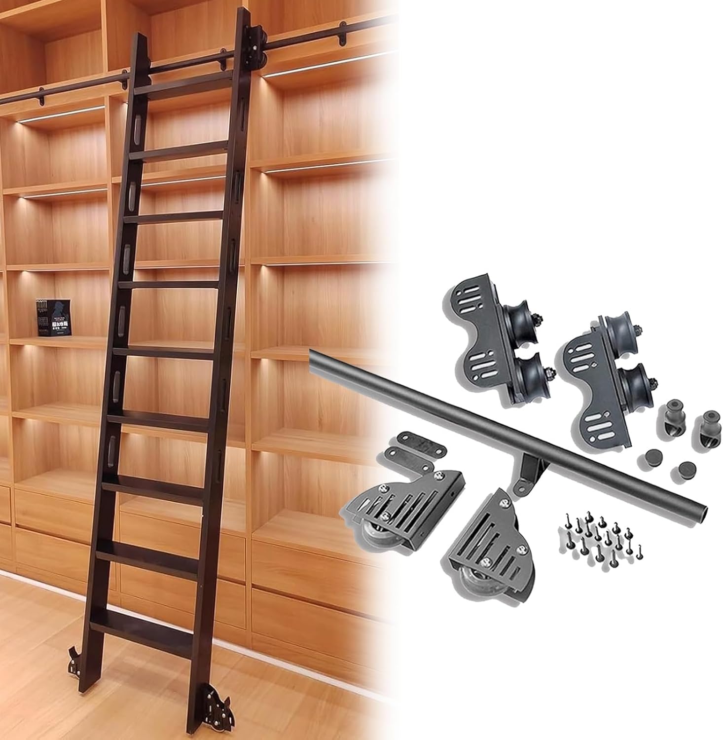 Stand Up Tensible Rolling Hardware Kit 3.3-20FT Extension Kit, Sliding Ladder Track/Rail with Track Connector, Mobile Ladder Track Kit Slide Roller System,(No Ladder)(6.6ft/200cm Track Kit)