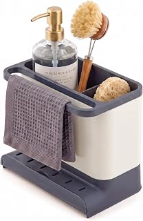 simplywire - Sink Caddy - Removable Drip Tray - Cream and Dark Grey | Kitchen Sink Tidy & Organiser - Non-slip Base - Holds Sponge, Brush & Soap - Compact Design