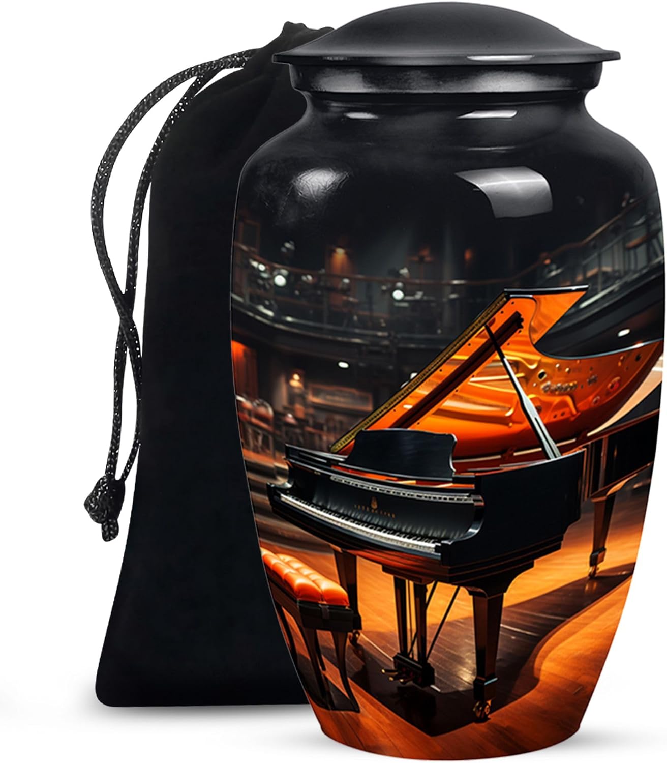 Piano Logo Cremation Urn, 10 Inch Large Cremation Urn for Dad Ashes, Unique Urn for Adult Female, Memorial Urn for Human Ashes, Funeral Urn for Women, Black Urn