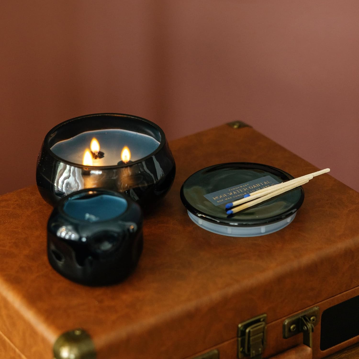 Paddywax Basalt Collection Scented Candle, Soy Wax Blend Glass Jar with Lid, Reusable Home Décor Candle, 10 oz, Navy Vessel, Rosewater Santal - Image 2