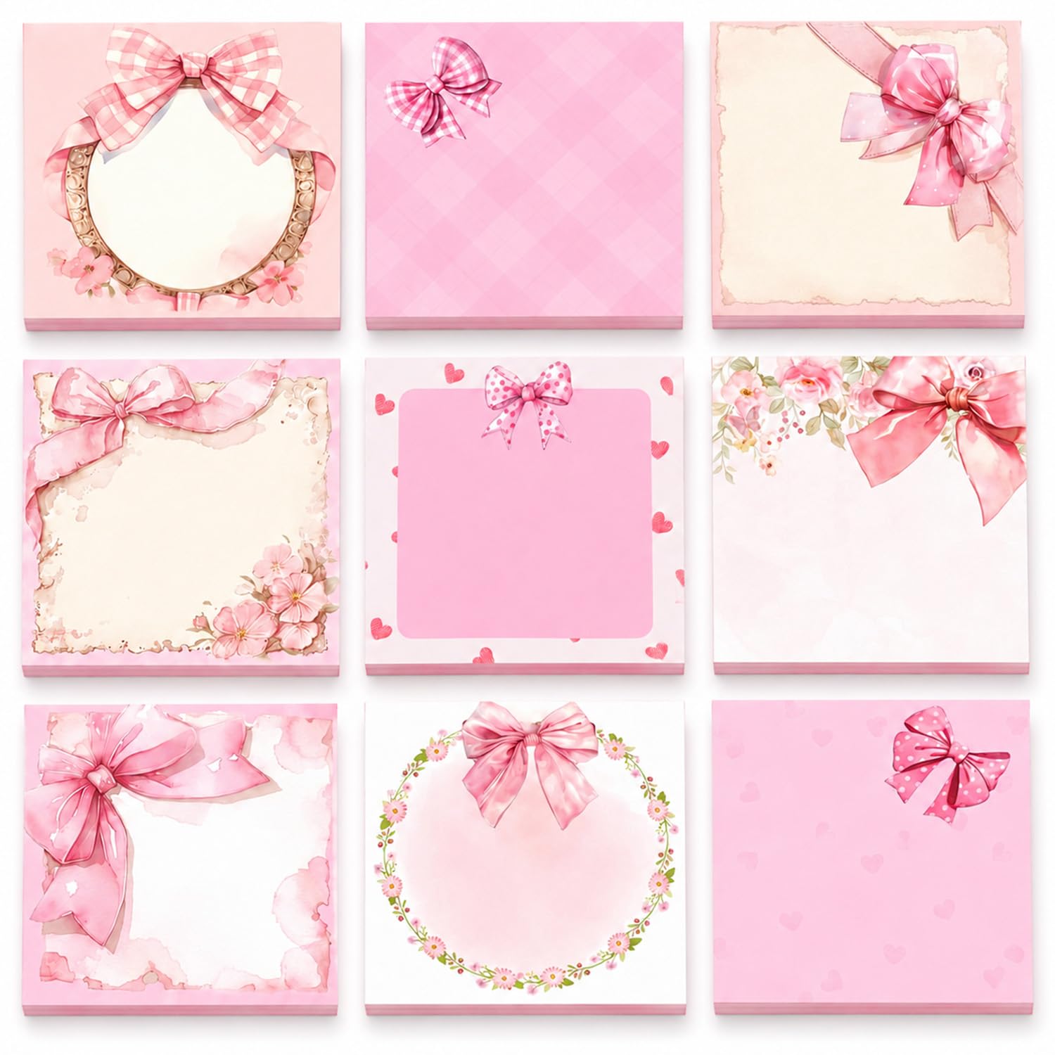 9Pcs Pink Bow Sticky Notes Set, Square Post It Notes Pack, Cute Post It Notes, Self Adhesive Sticky Notes for Students Classroom Note Taking Office Document Indexing Back to School Stationery Gift