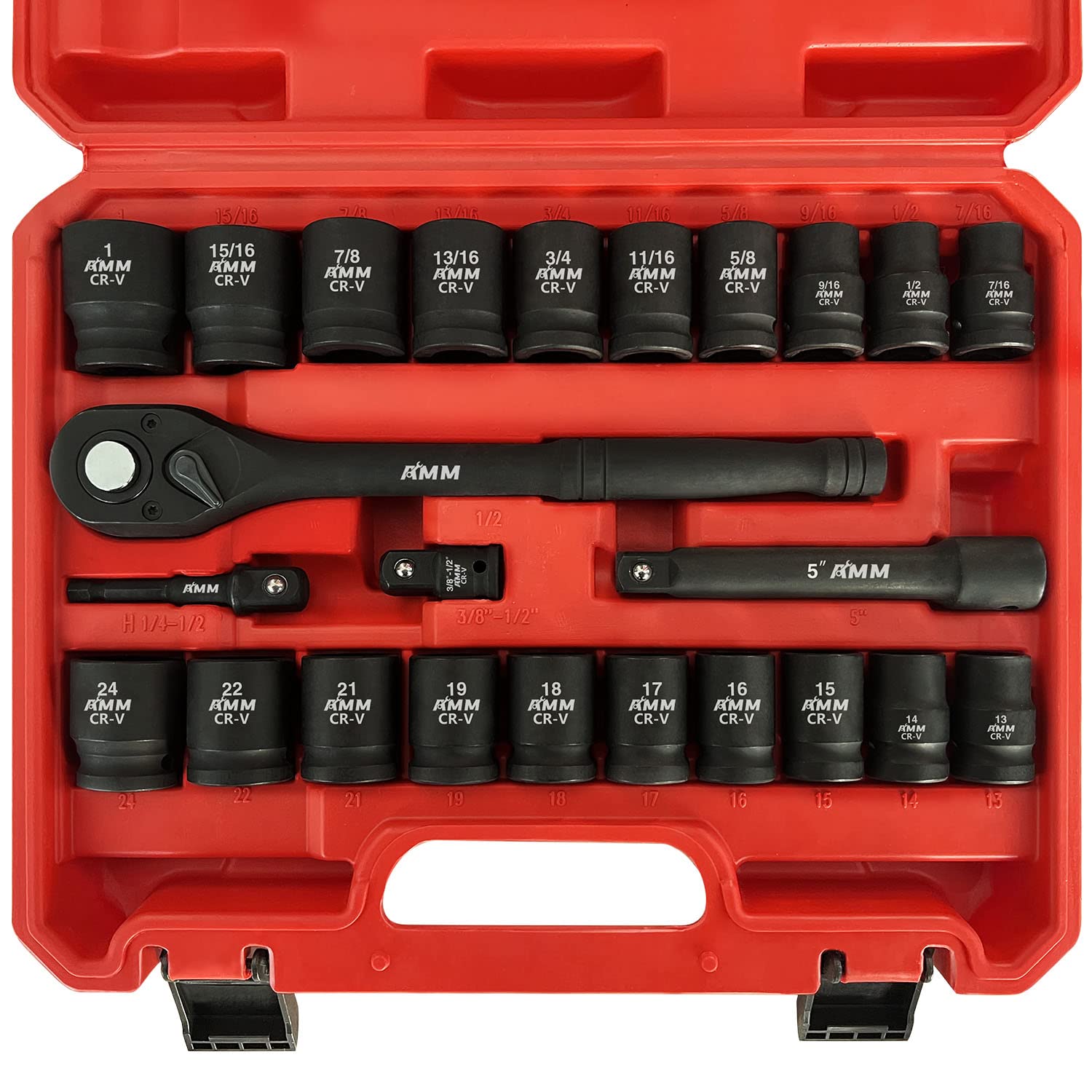 AMM1/2" Drive Master Impact Socket Set, 24-Piece Shallow Standard SAE (7/16-Inch to 1-Inch) & Metric (13-24 mm) Sizes, Socket Assortment with Ratchet Handle，Cr-V Steel