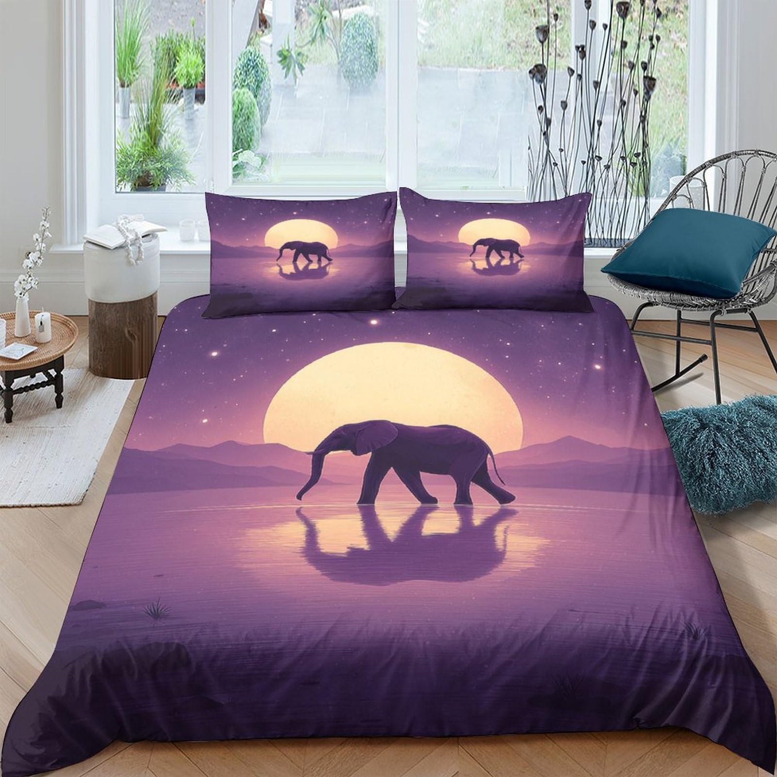 Ctjqhvkz Style-7 3D Printed Sunset Elephant Fitted Sheet Microfiber Anti-Slip Bed Sheet Purple Decor For Bedroom Guest Room Single（135X200cm）