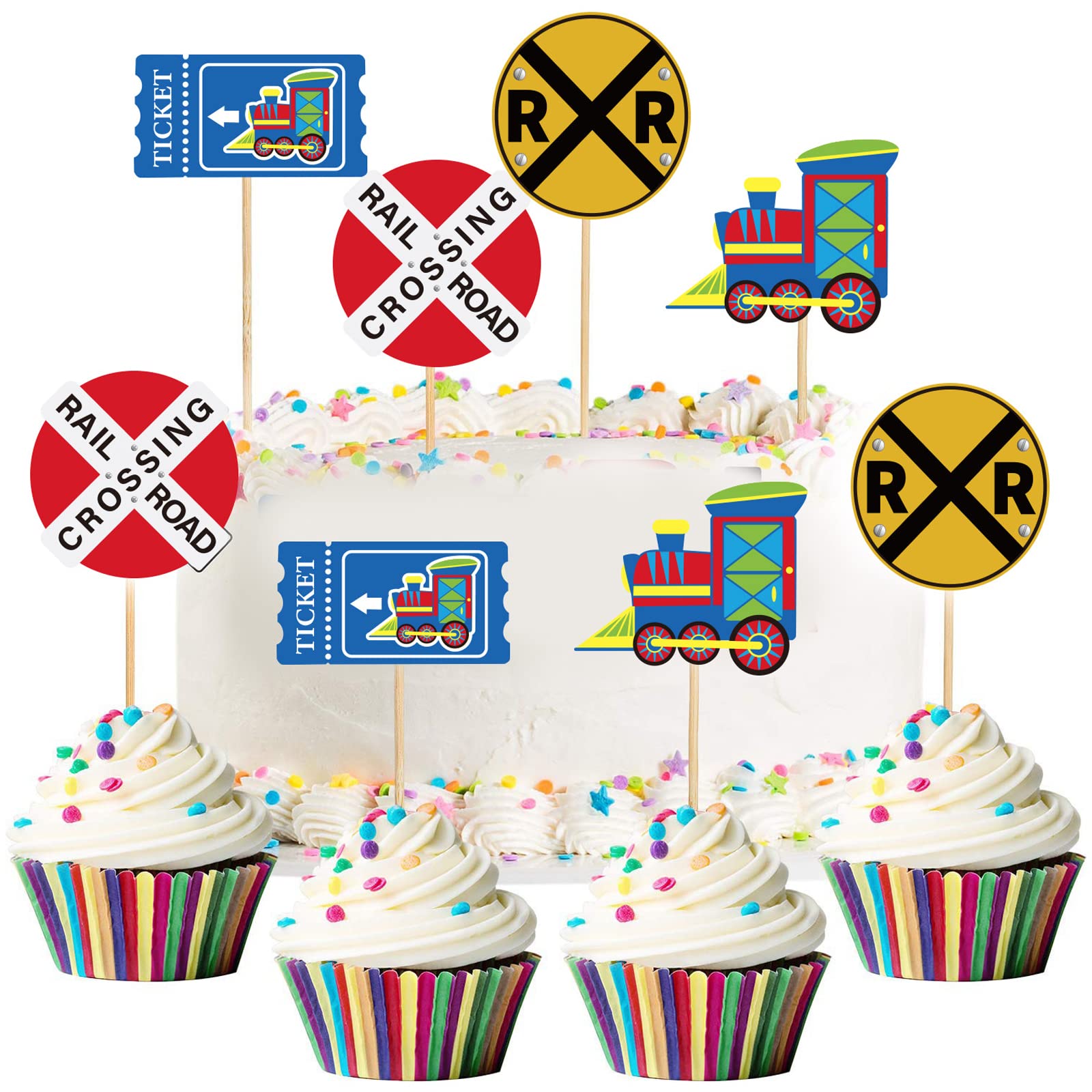 Buy 48Pcs Train Cake Toppers Birthday Cupcake Toppers Railroad Crossing