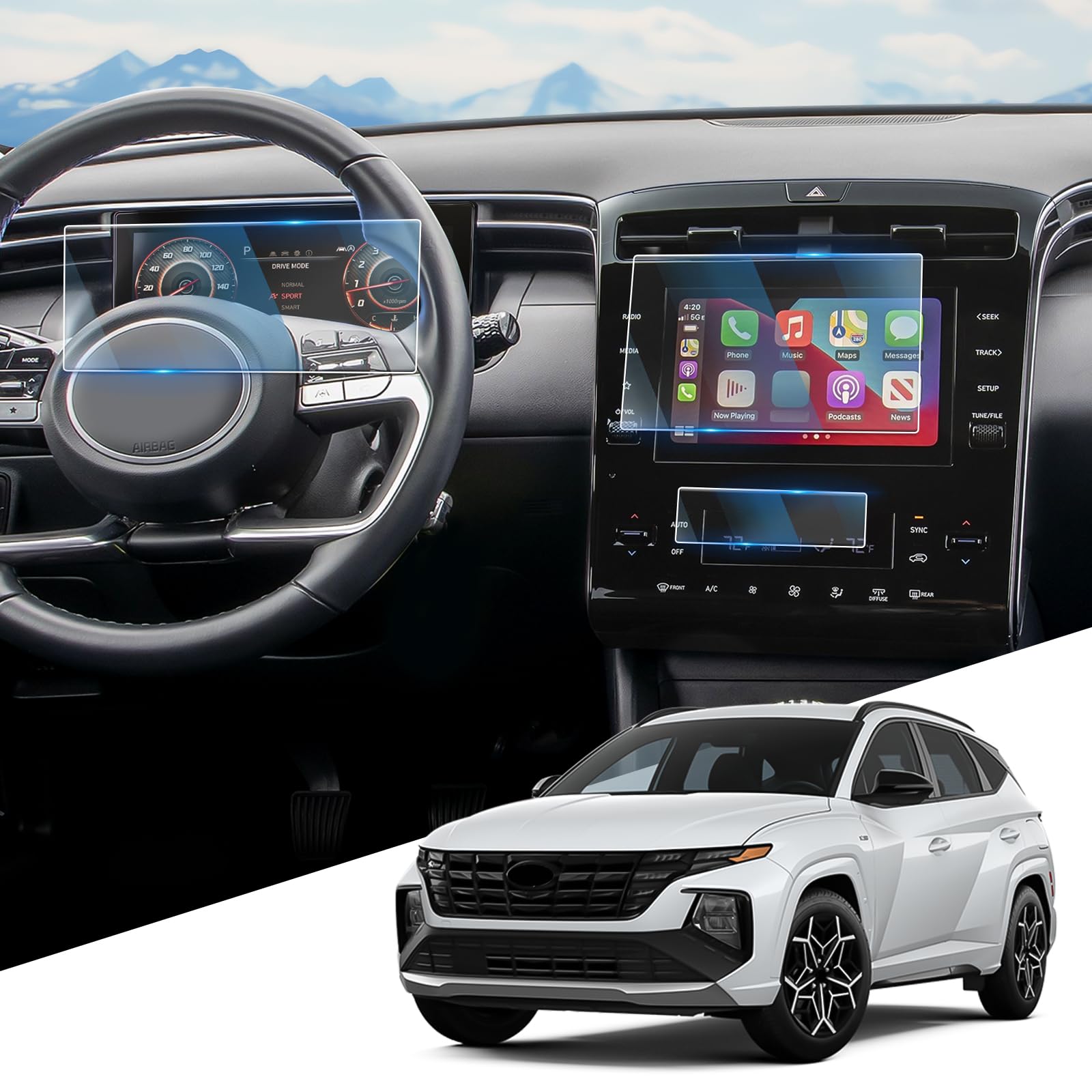 WEIPIN For 3PCS Glossy Tempered Glass 2022 2023 2024 Hyundai Tucson 8 Inch Touchscreen & 10.25 Inch Dashboard & AC Screen Protector - Tucson