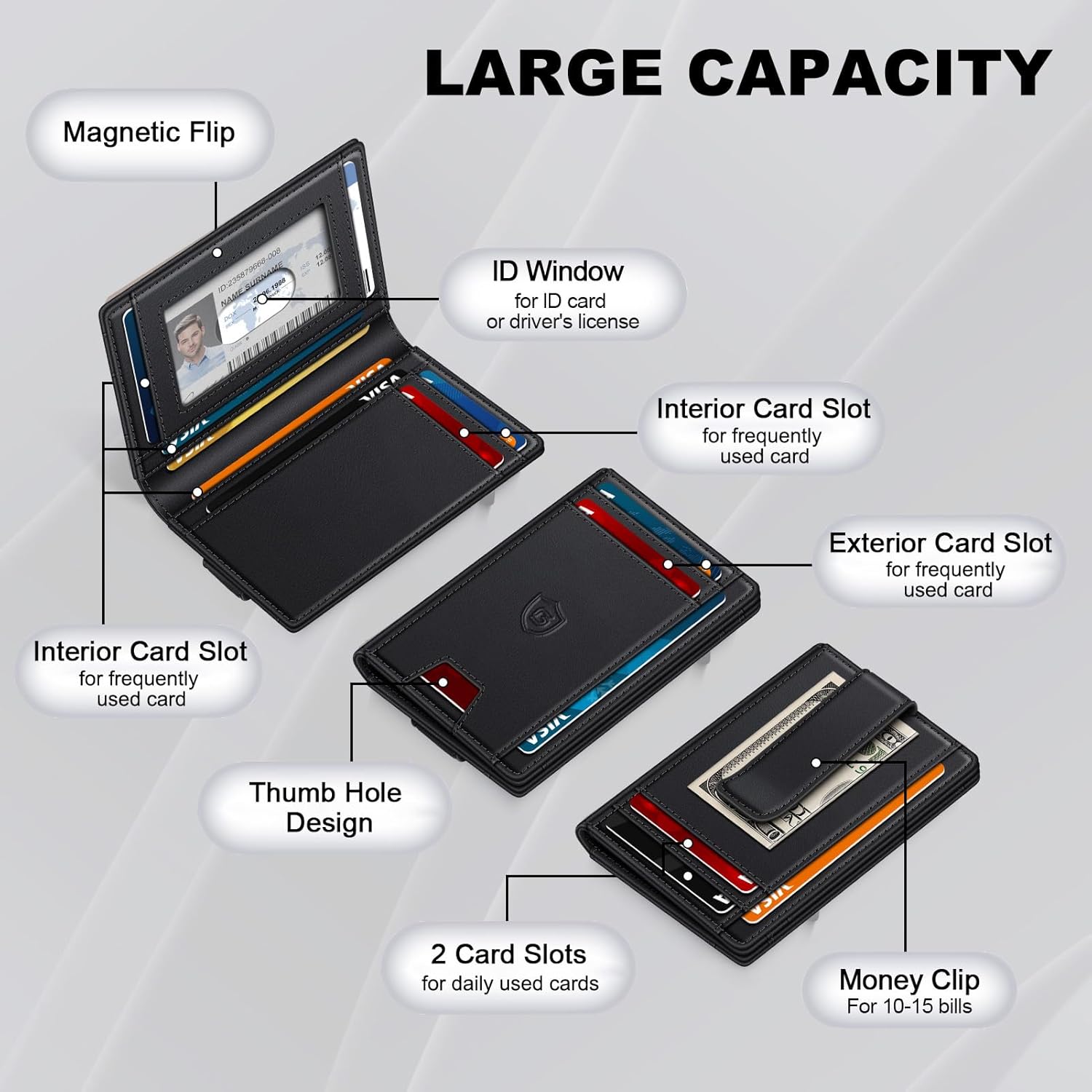 Wallet for Men 14-16 Cards, Minimalist Men Leather Wallet, Men's Front Pocket Bifold Wallets with Money Clip, Slim Thin Card Holder RFID Blocking Bill Folder & Magnetic Closure, Gifts for Men, Black - Image 3