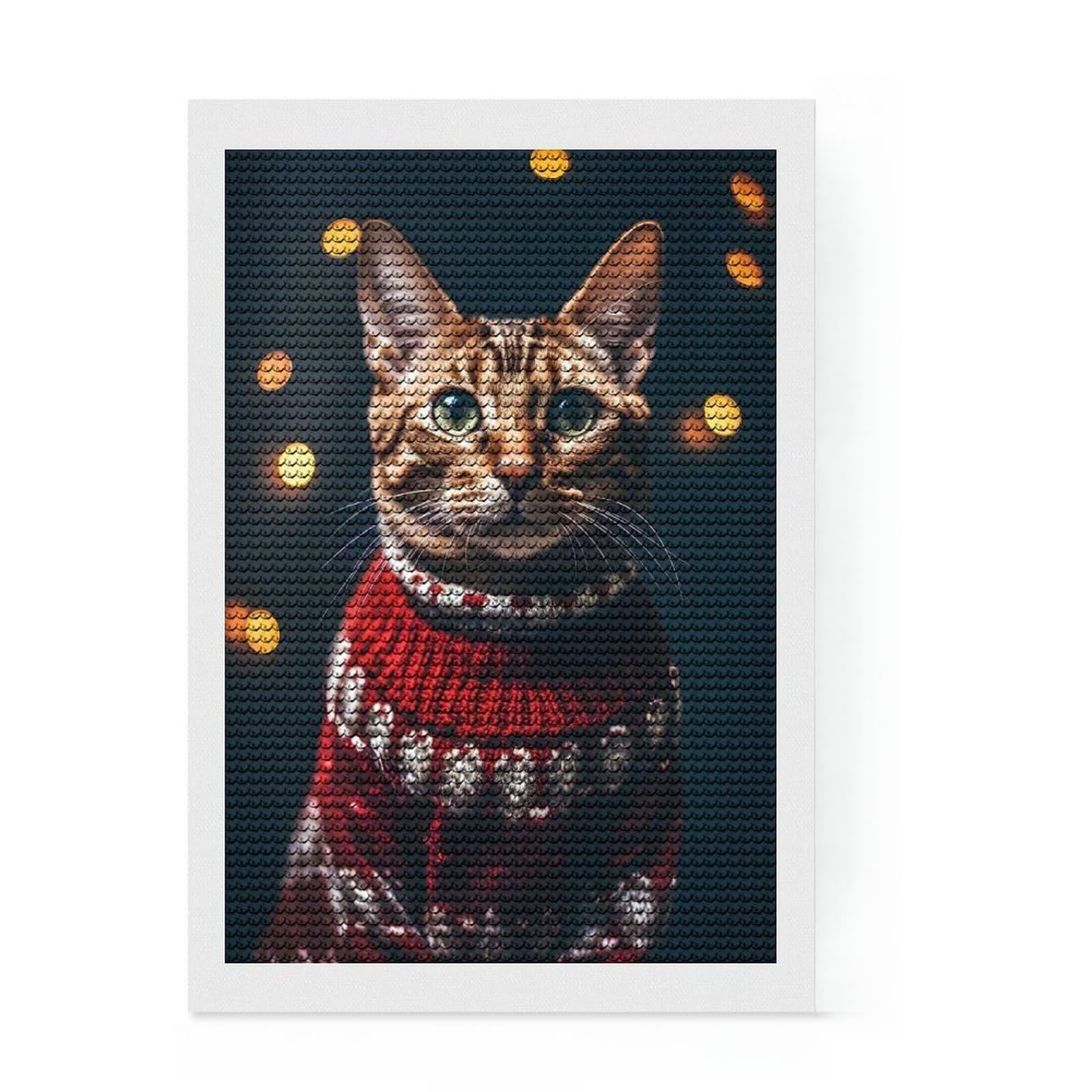 Junmoney Christmas Cat DIY Diamond Art Canvas Kit 8"x12", Neat Printed Canvas, Mindful Craft Activity, Office Decor, Gift Idea