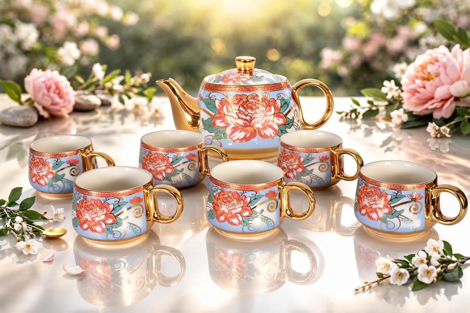 Porcelain Tea Set with 1 Kettle, 6 Piece Tea Cup Set, Aesthetic Classic Teaware Set for Home, Kitchen & Gifting