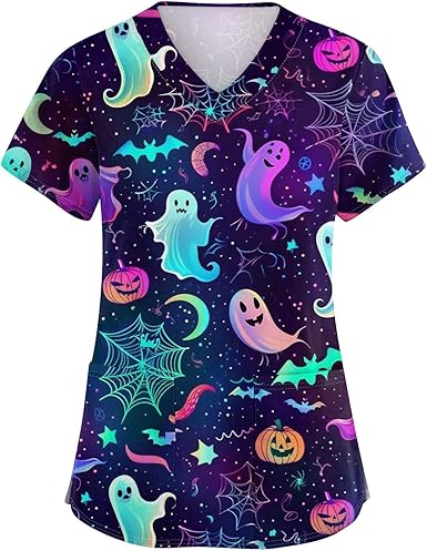 OIOLOYJM Printed Scrub Tops Women Short Sleeve V Neck Plus Size Scrubs for Womens Nursing Uniforms Shirts with Pockets
