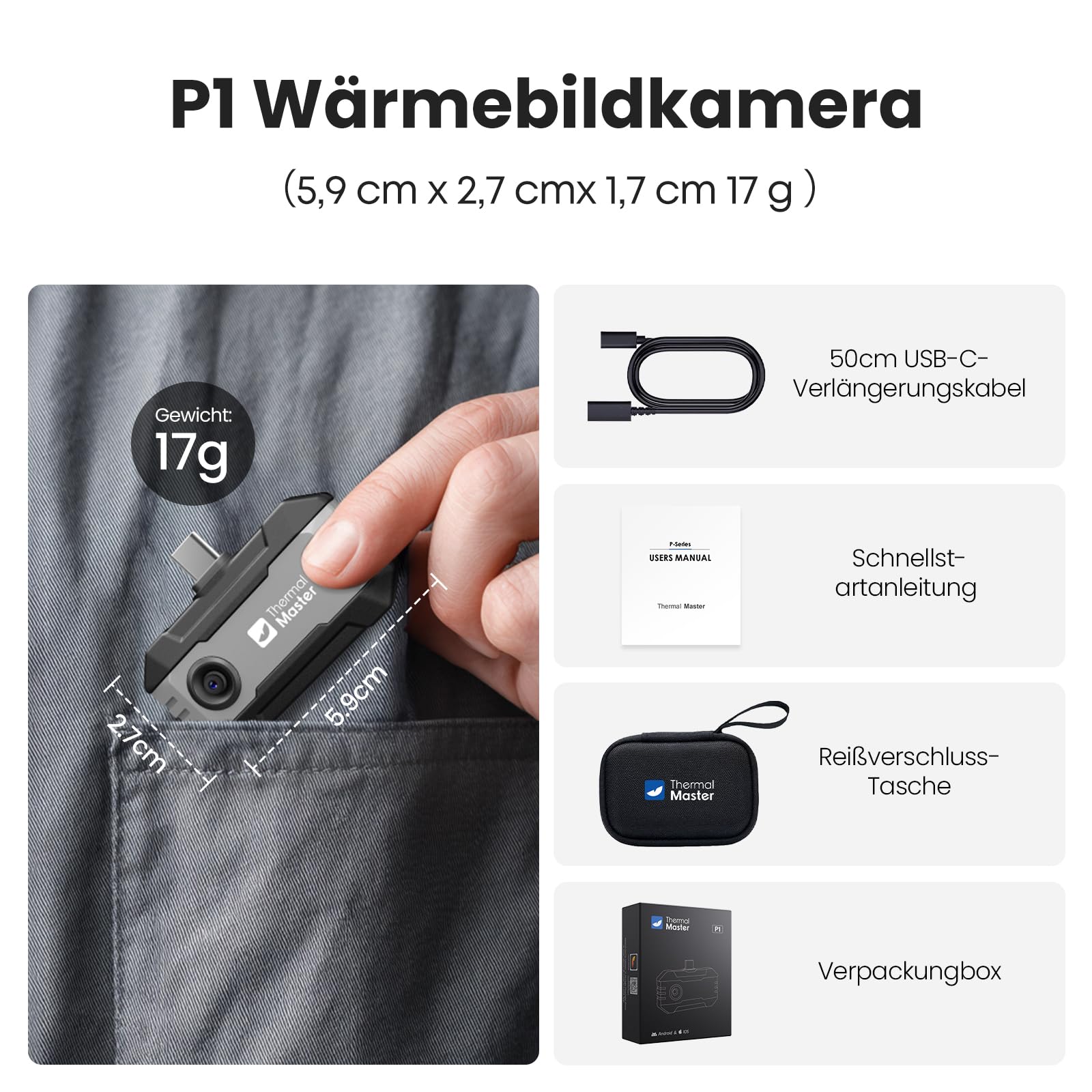 Thermal Master P1 Wärmebildkamera für iPhone 15/16 & Android (USB-C) | 320x240 X³ IR-Auflösung | -20°C bis 600°C | 15x Zoom Infrarotkamera für Hausinspektion, HVAC, Bau & Elektro